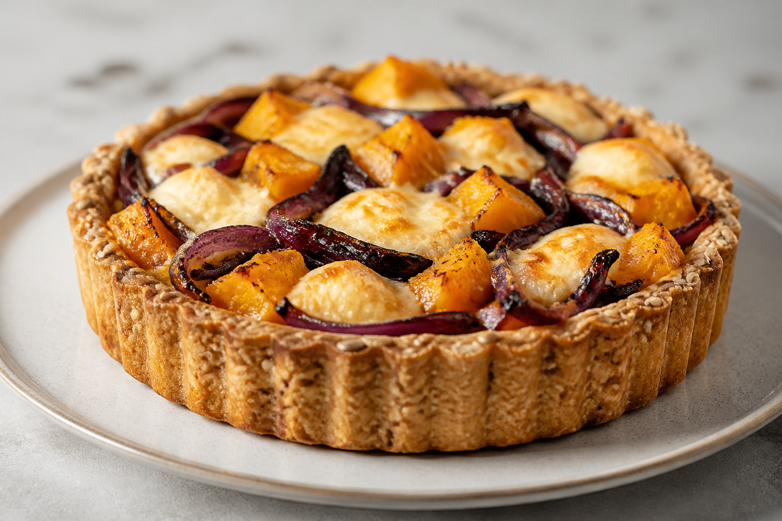 Criollo Tart with Malbec Onions, Roasted Squash and Criollo Cheese on a Seeded Crust