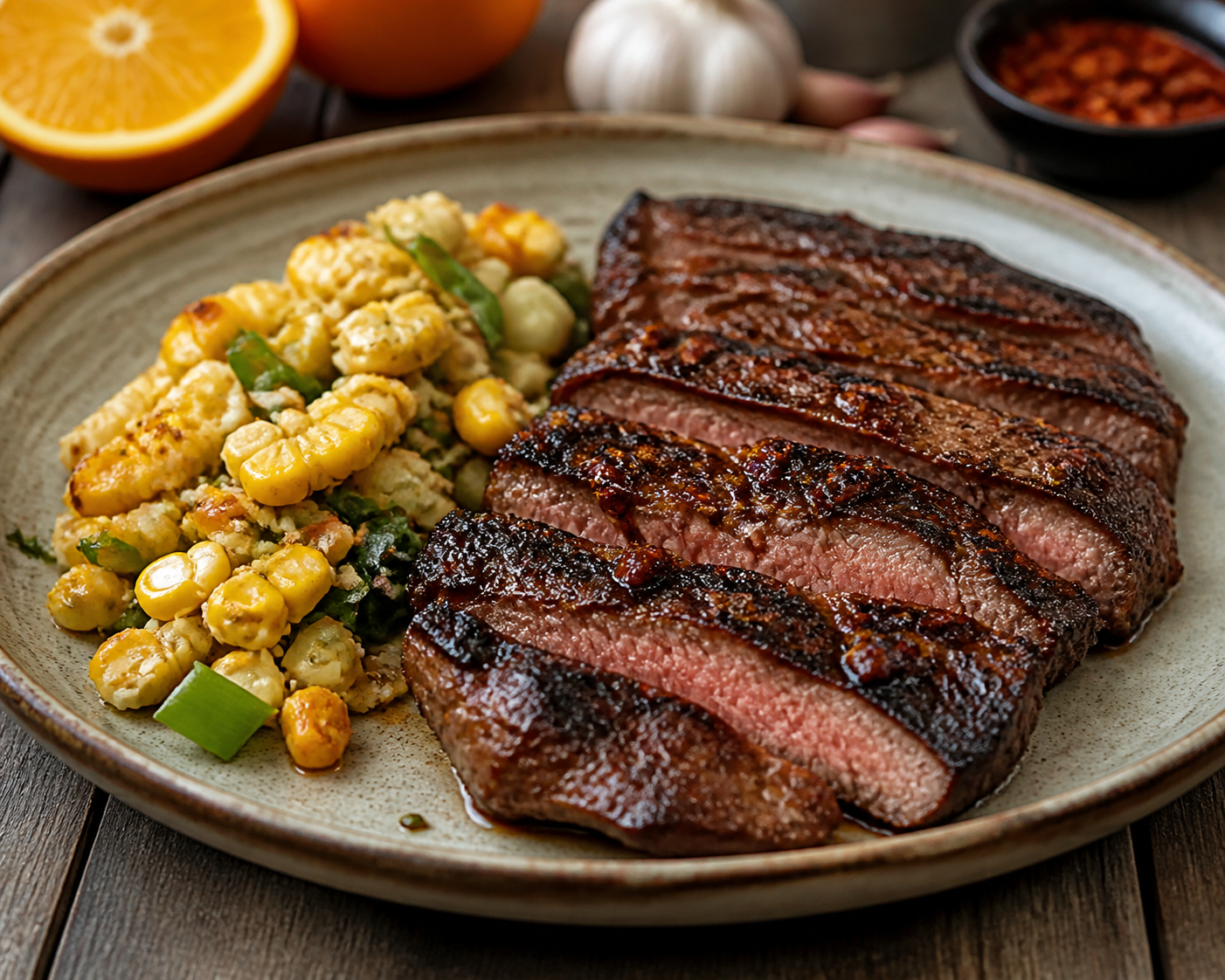 Pork skirt steak with orange and mild chili glaze and rustic corn-scallion bake