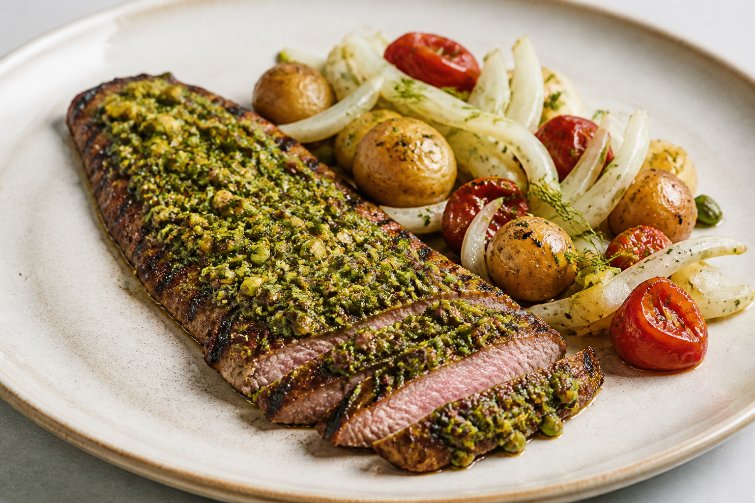 Matambrito a la Parrilla con Costra de Chimichurri de Pistacho y Ensalada Tibia de Papines, Hinojo y Tomate Asado