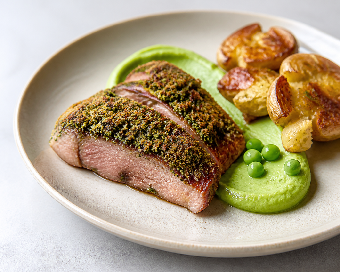 Lemon Matambrito with Herb Crust, Pea Purée and Crispy Smashed Potatoes