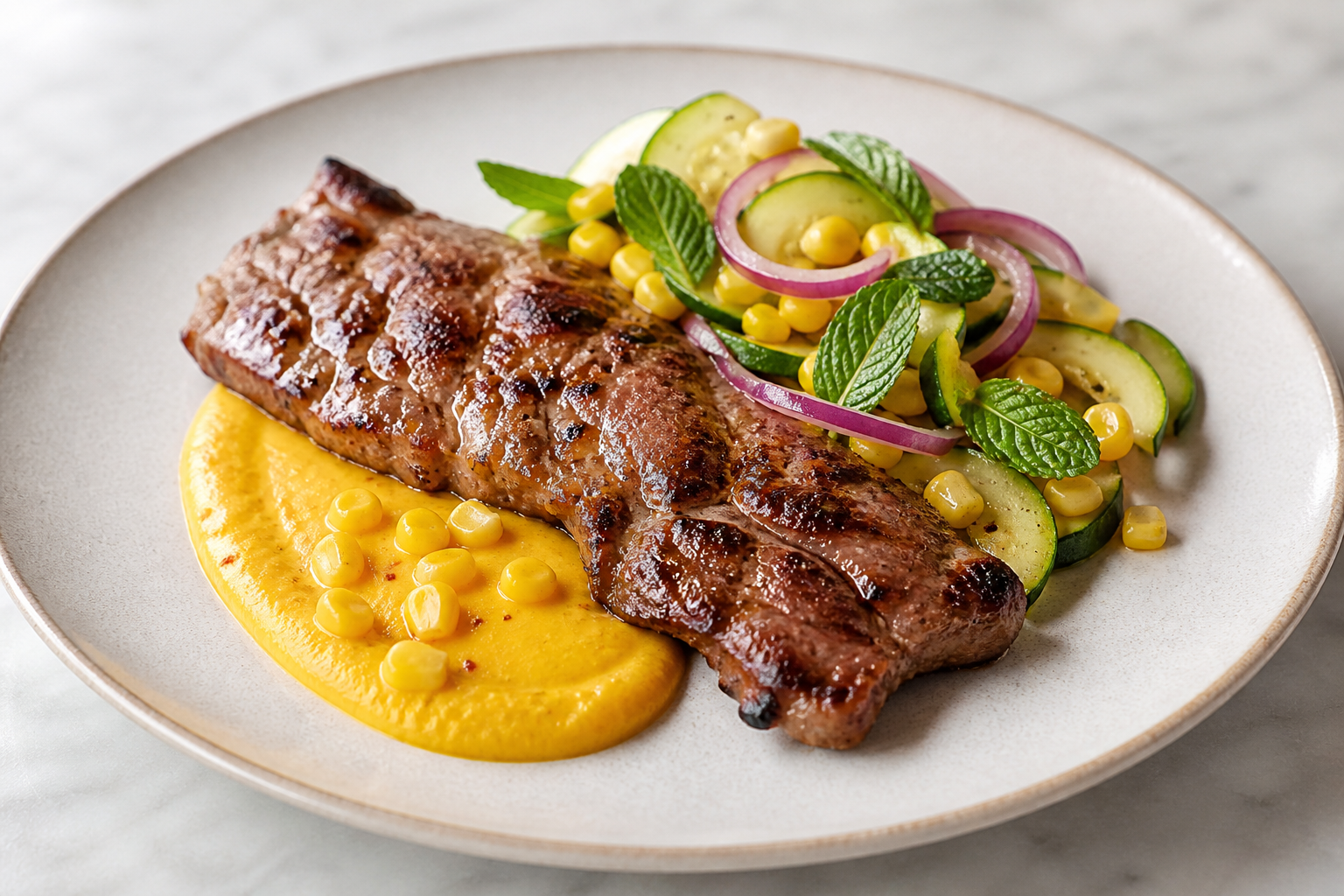 Grilled Pork Matambrito with Paprika Corn Cream and Warm Zucchini Mint Salad
