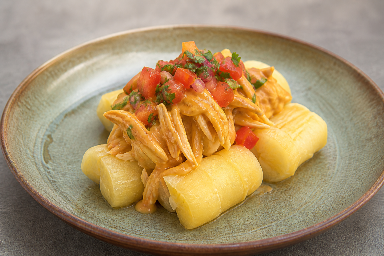 Criollo yuca muchín with peanut chicken, tomato and herb relish