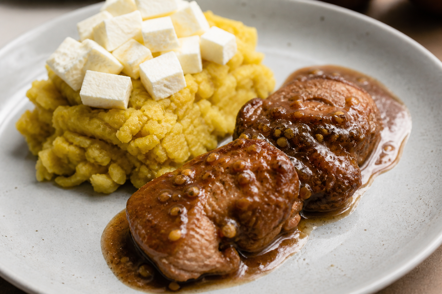 Manabí-Style Beef Loin in Cacao-Passion Fruit Sauce with Soft Green Plantain Tigrillo and Cheese