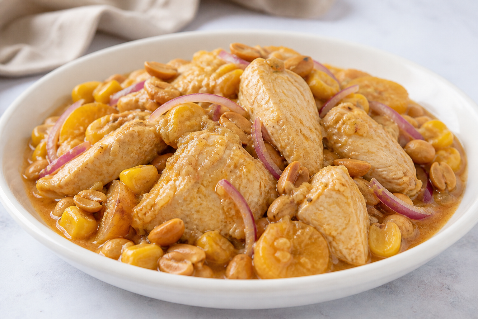 Baked Ecuadorian Chicken Casserole with Corn, Peanut and Green Plantain
