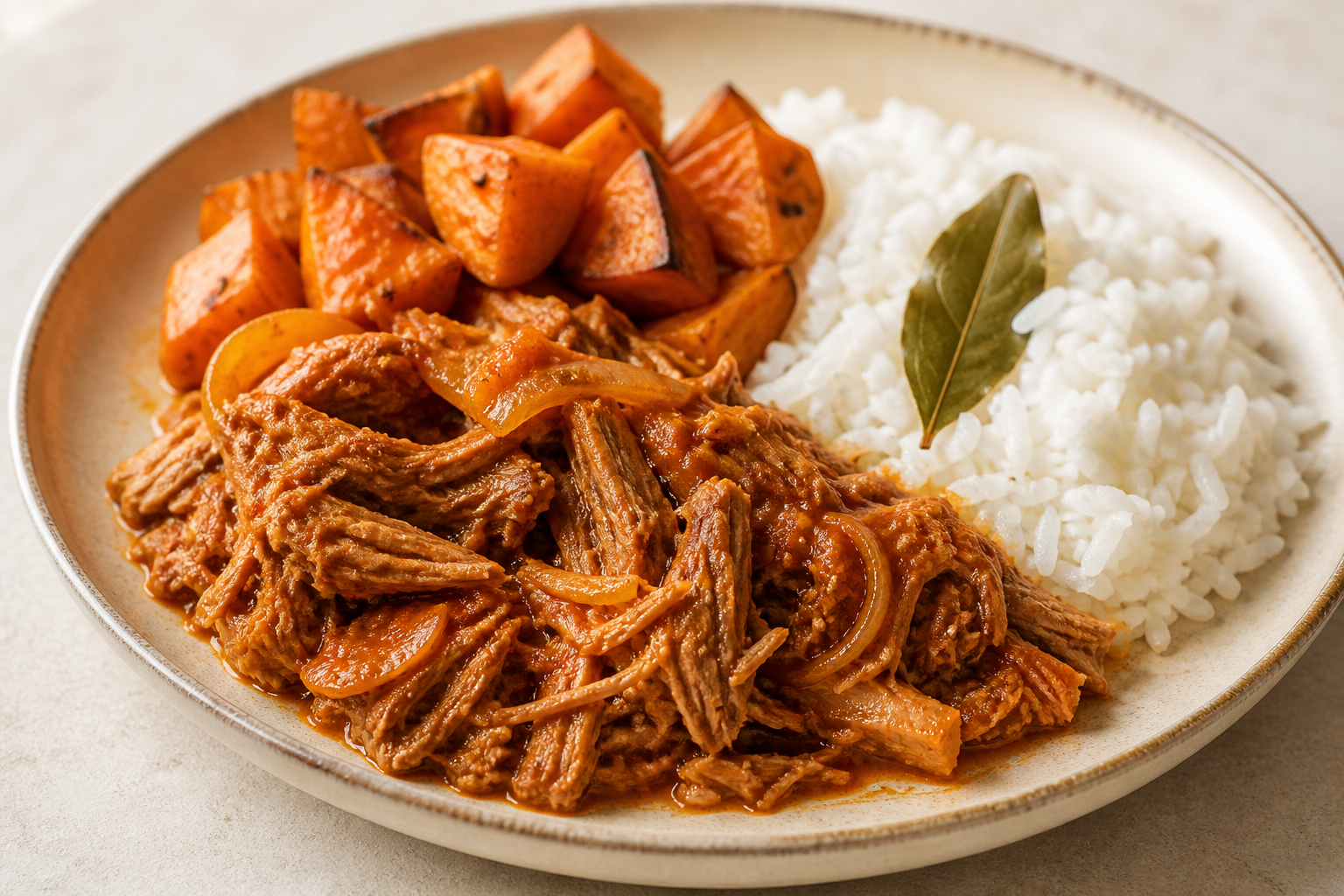 Ropa Vieja Cubana de Pavo con Boniato Asado al Ajo y Arroz Blanco al Laurel