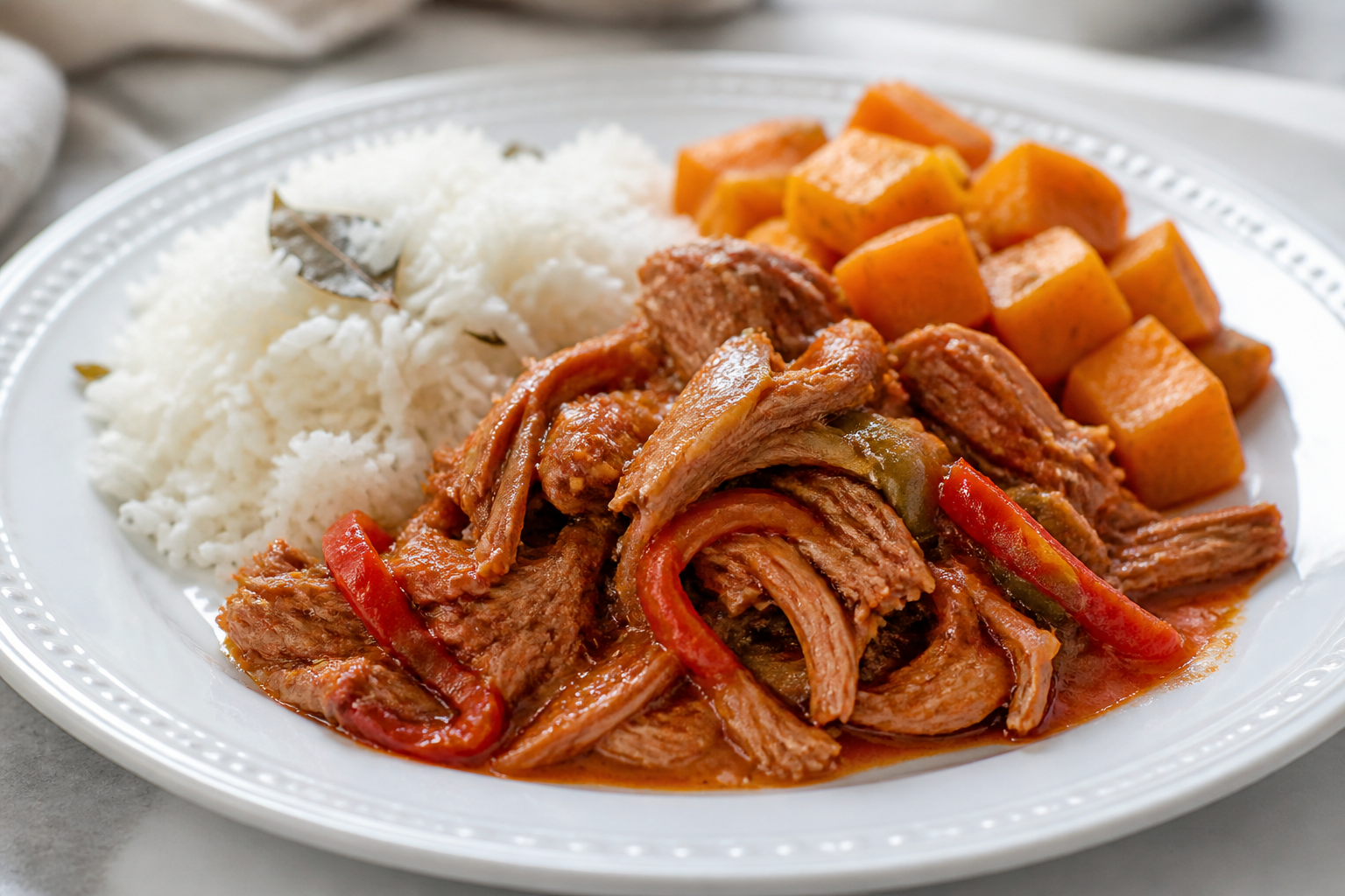 Ropa Vieja Cubana de Pavo con Boniato al Mojo de Limón y Arroz Blanco de Laurel