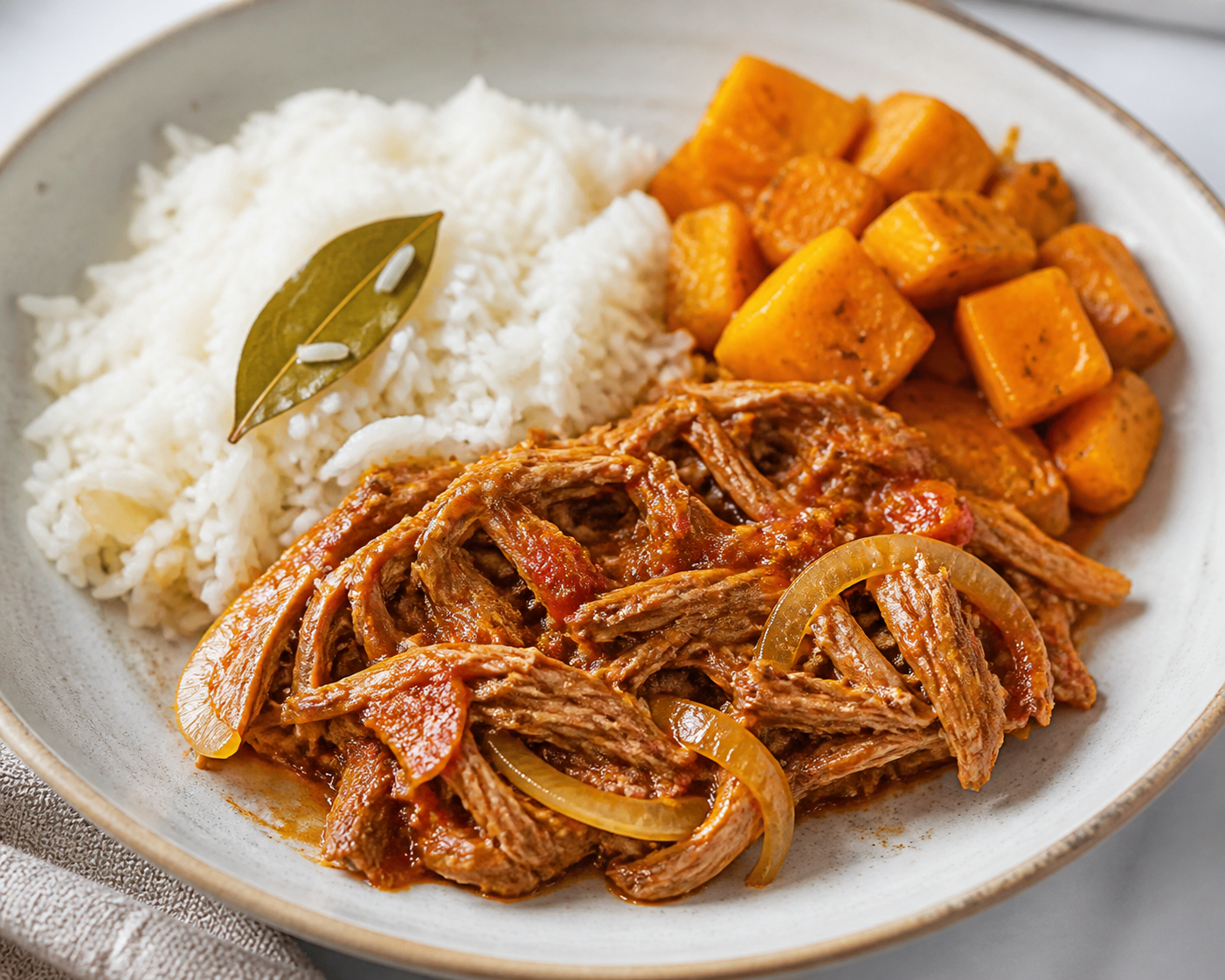 Ropa Vieja Cubana de Pavo con Boniato al Mojo y Arroz Blanco al Laurel