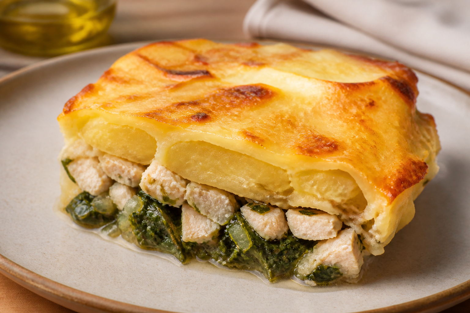 Pastel de papa criollo con pollo al limón, acelga salteada y gratín de queso sardo