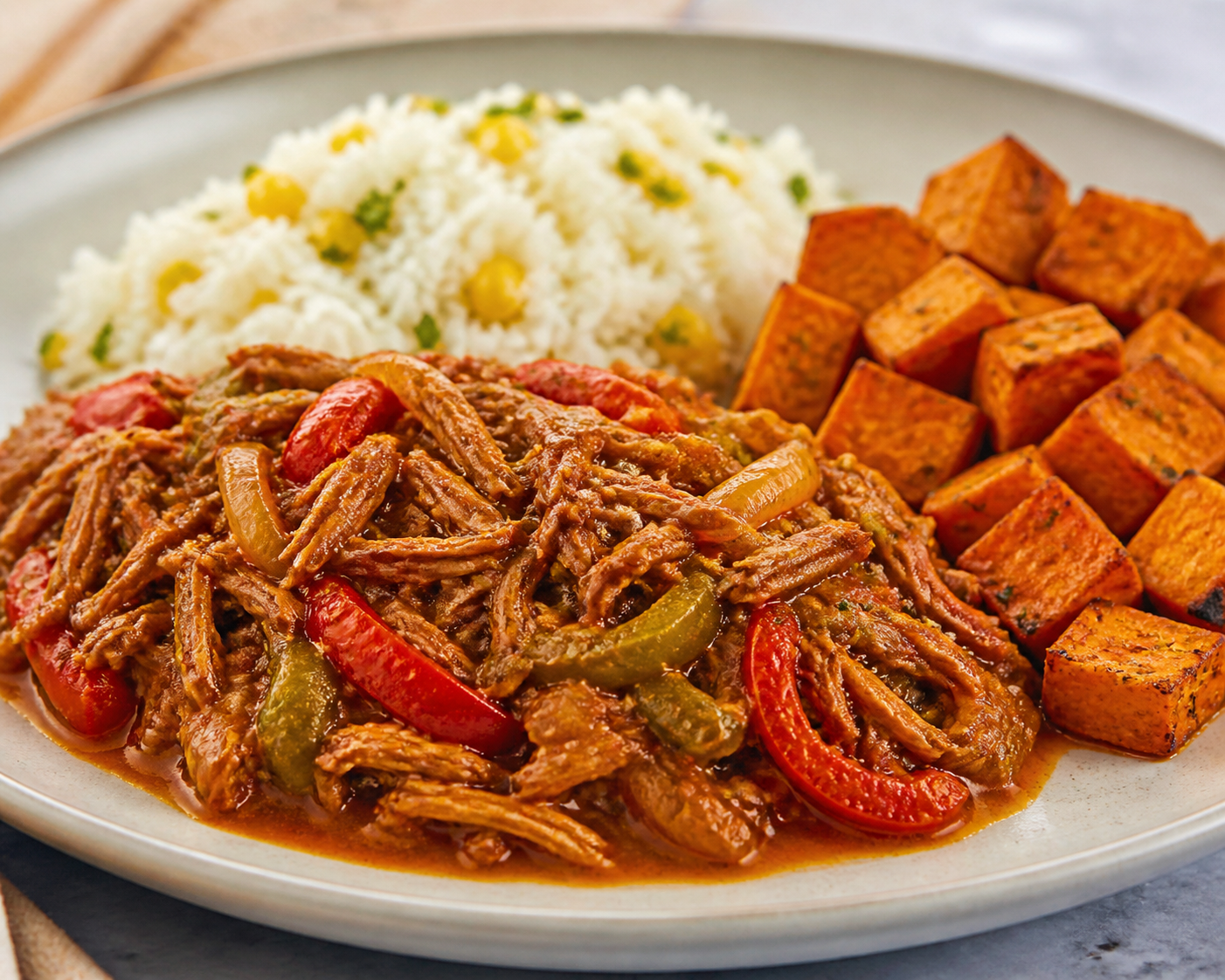 Cuban Turkey Ropa Vieja with Garlic Roasted Sweet Potato and Lemon Rice