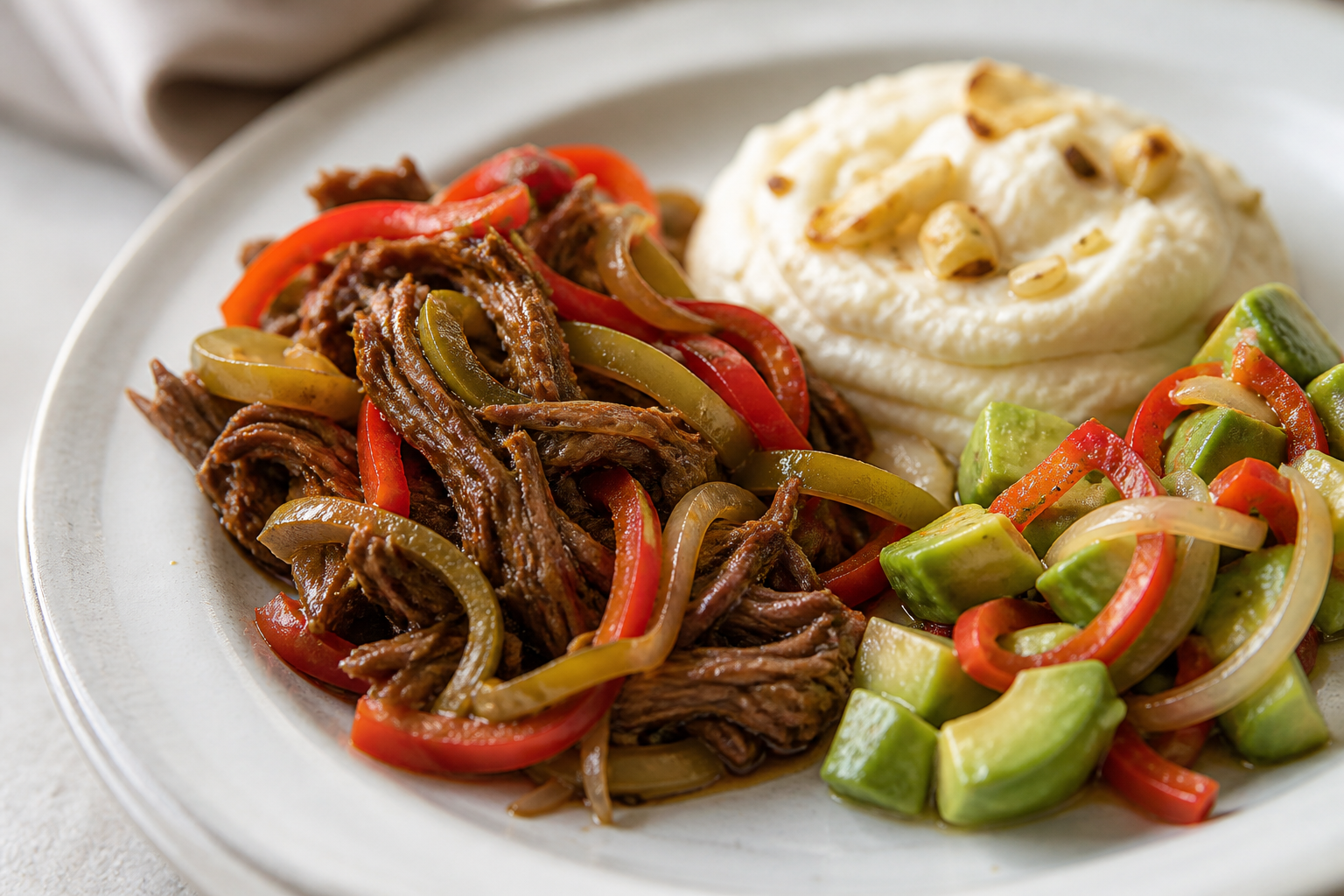 Cuban Ropa Vieja Beef with Roasted Garlic Malanga Mash and Warm Avocado Salad