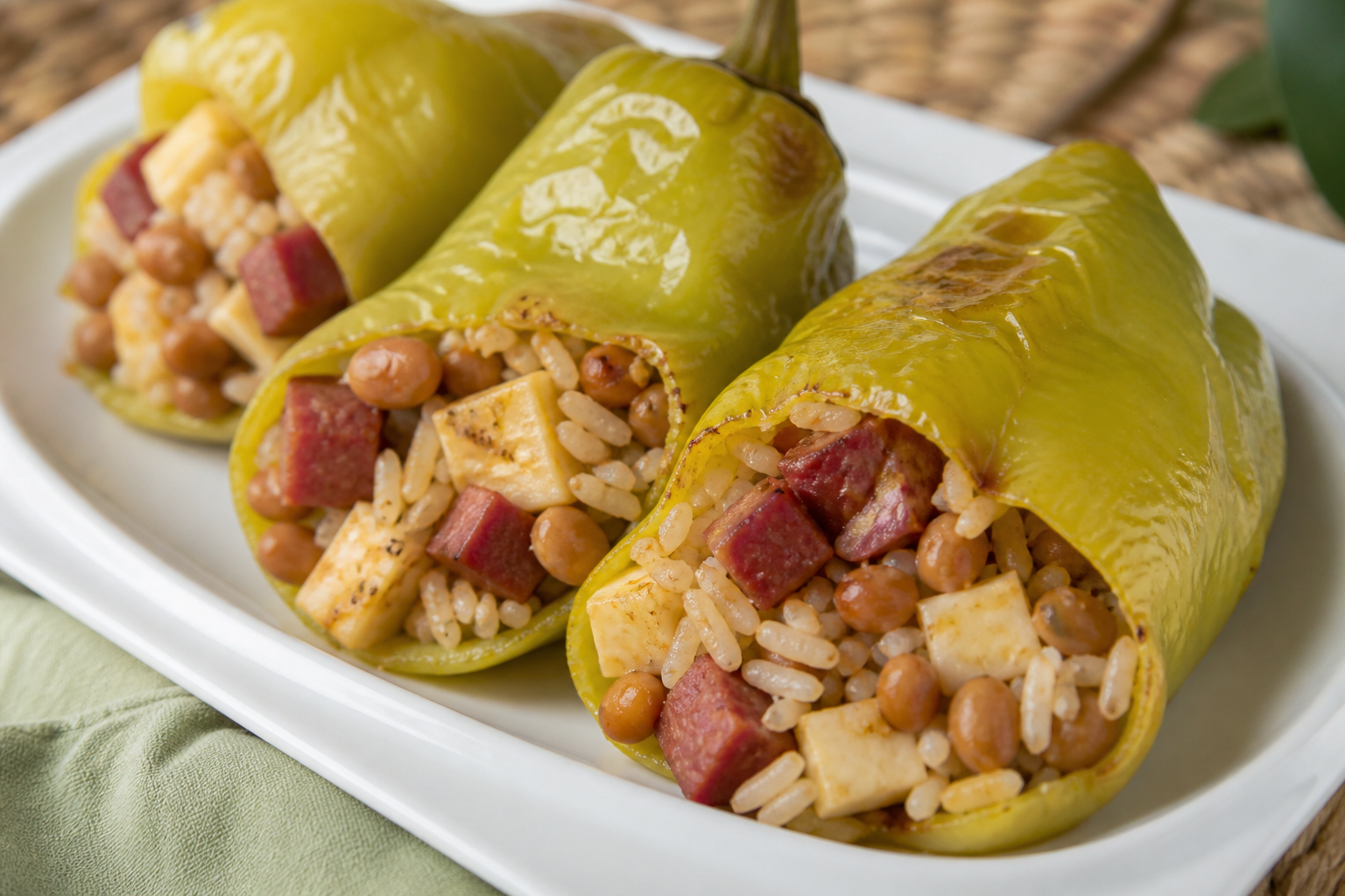 Rellenos de Pimiento Cubanelle con Arroz con Salchichón, Gandules y Queso del País