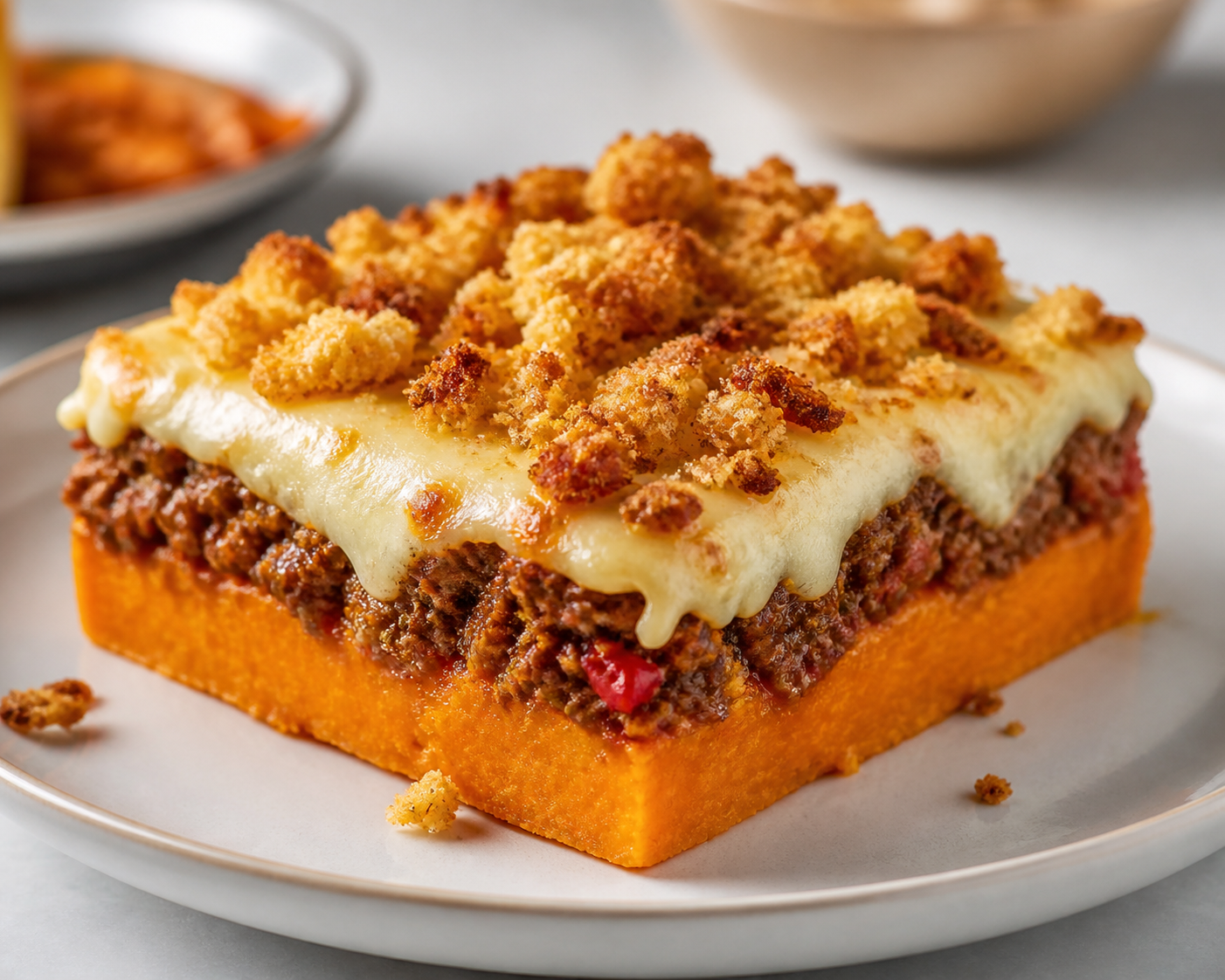 Puerto Rican Sweet Potato and Beef Pastelón with Queso del País, Sweet Pepper Sofrito and Crispy Cassava Bread Crumble