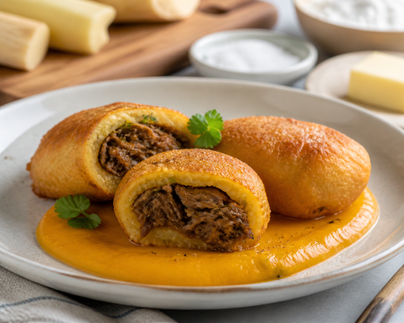 Rellenos de yuca con carne guisada al recao y salsa cremosa de calabaza criolla