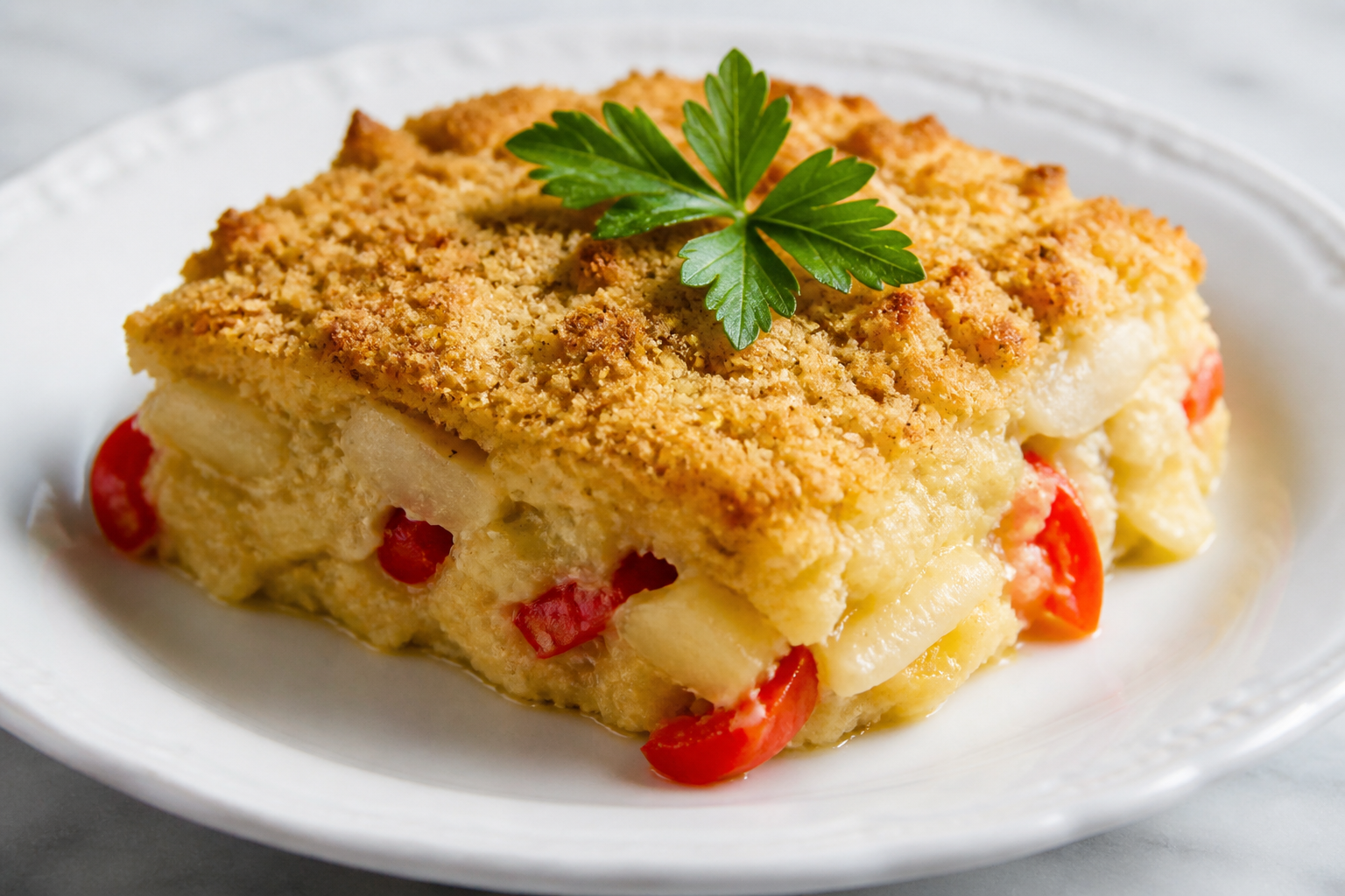 Cazuela Boricua de Bacalao, Yuca y Pimientos Asados con Costra de Casabe