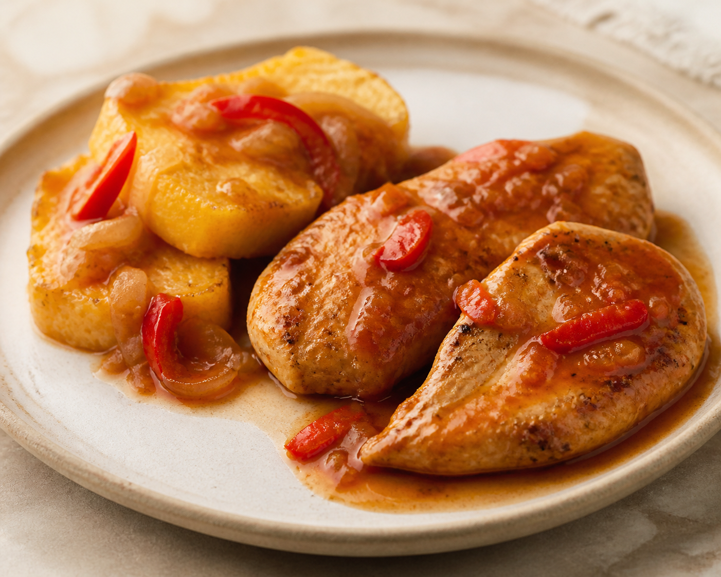 Pechugas de Pollo en Salsa Criolla de Guayaba y Vinagre con Funche de Maíz Tierno y Ají Dulce