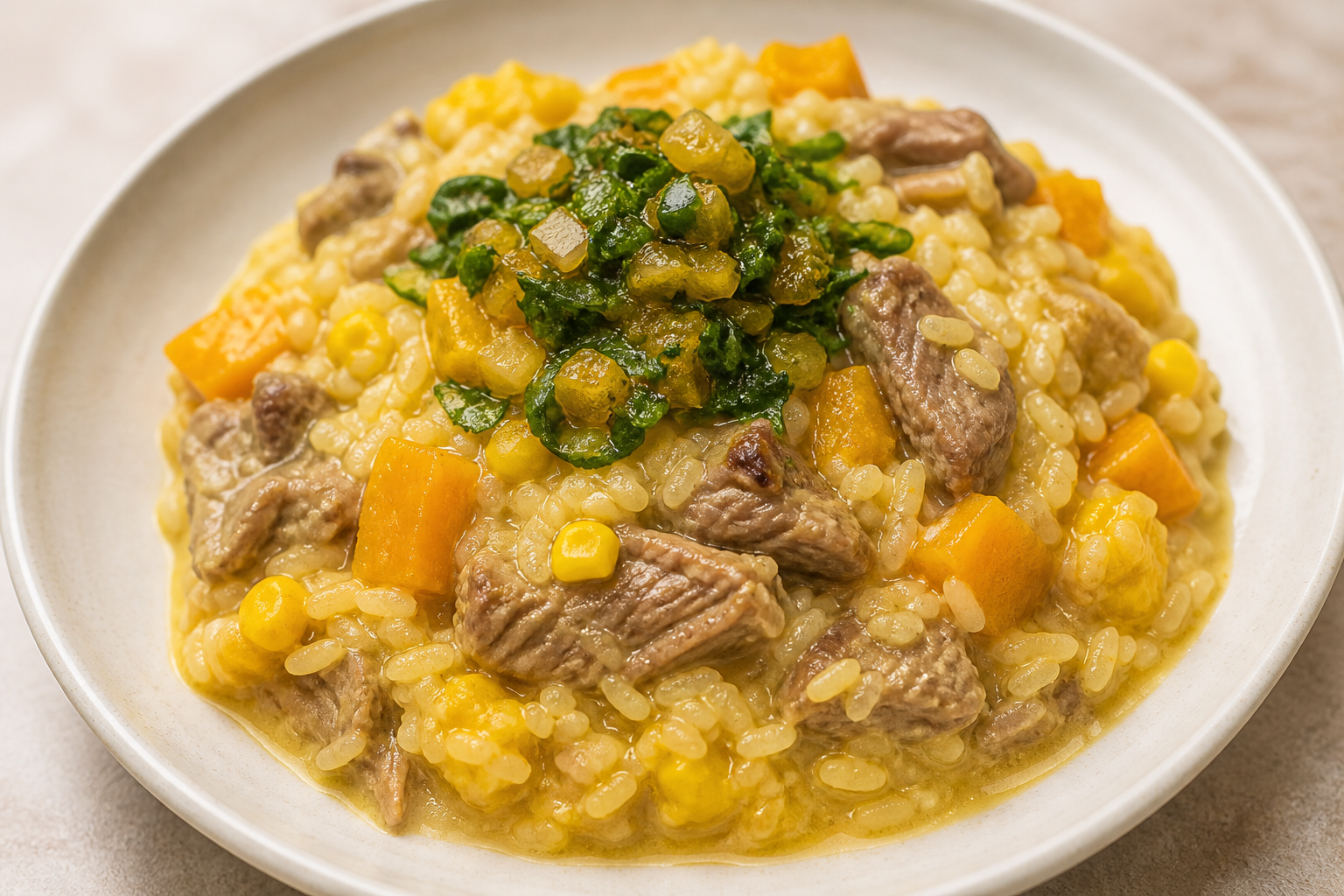 Arroz Atollado de Res con Ahuyama, Chócolo y Hogao de Guascas