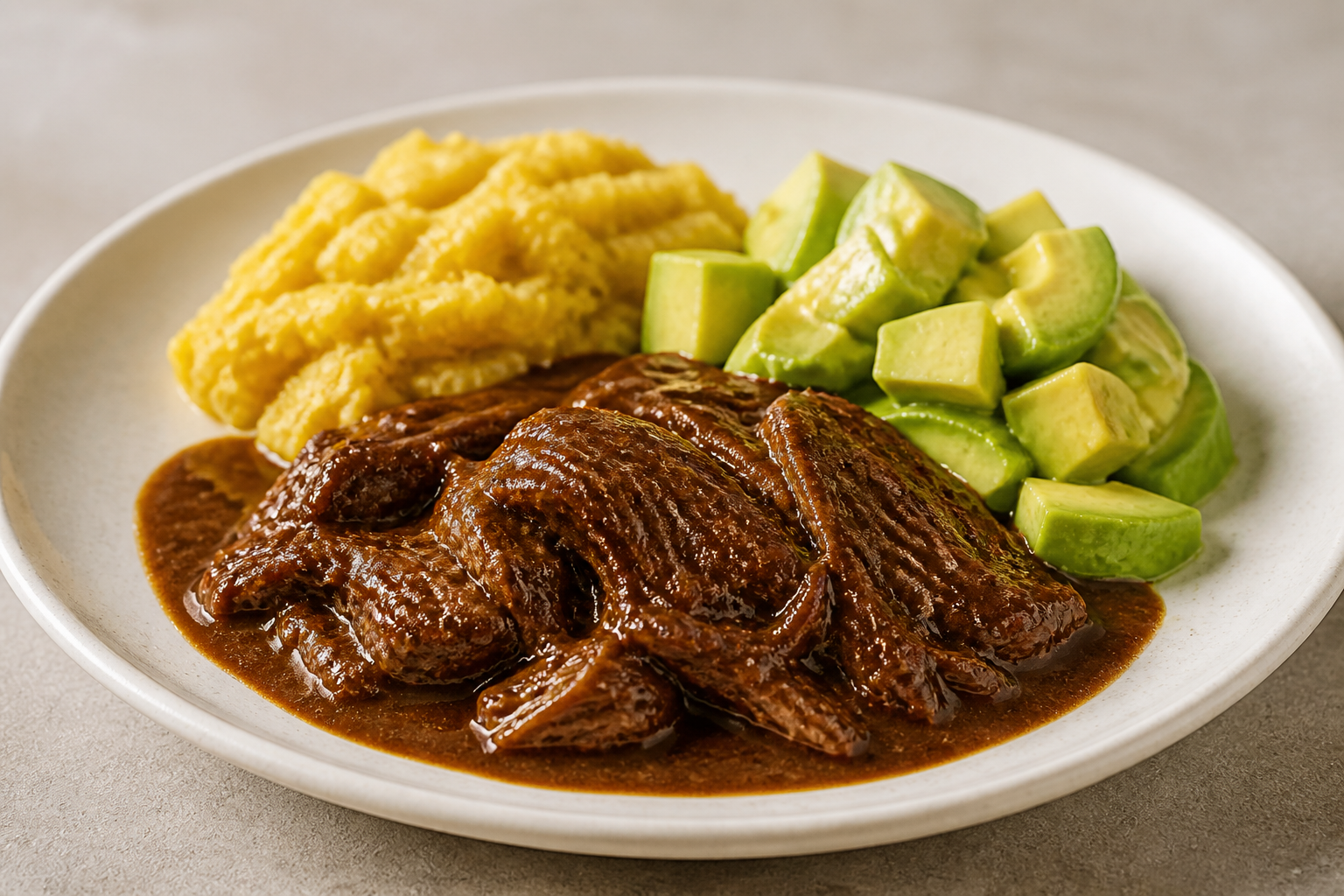 Posta Criolla en Salsa de Tamarindo y Café con Puré de Plátano Verde y Ensalada de Aguacate
