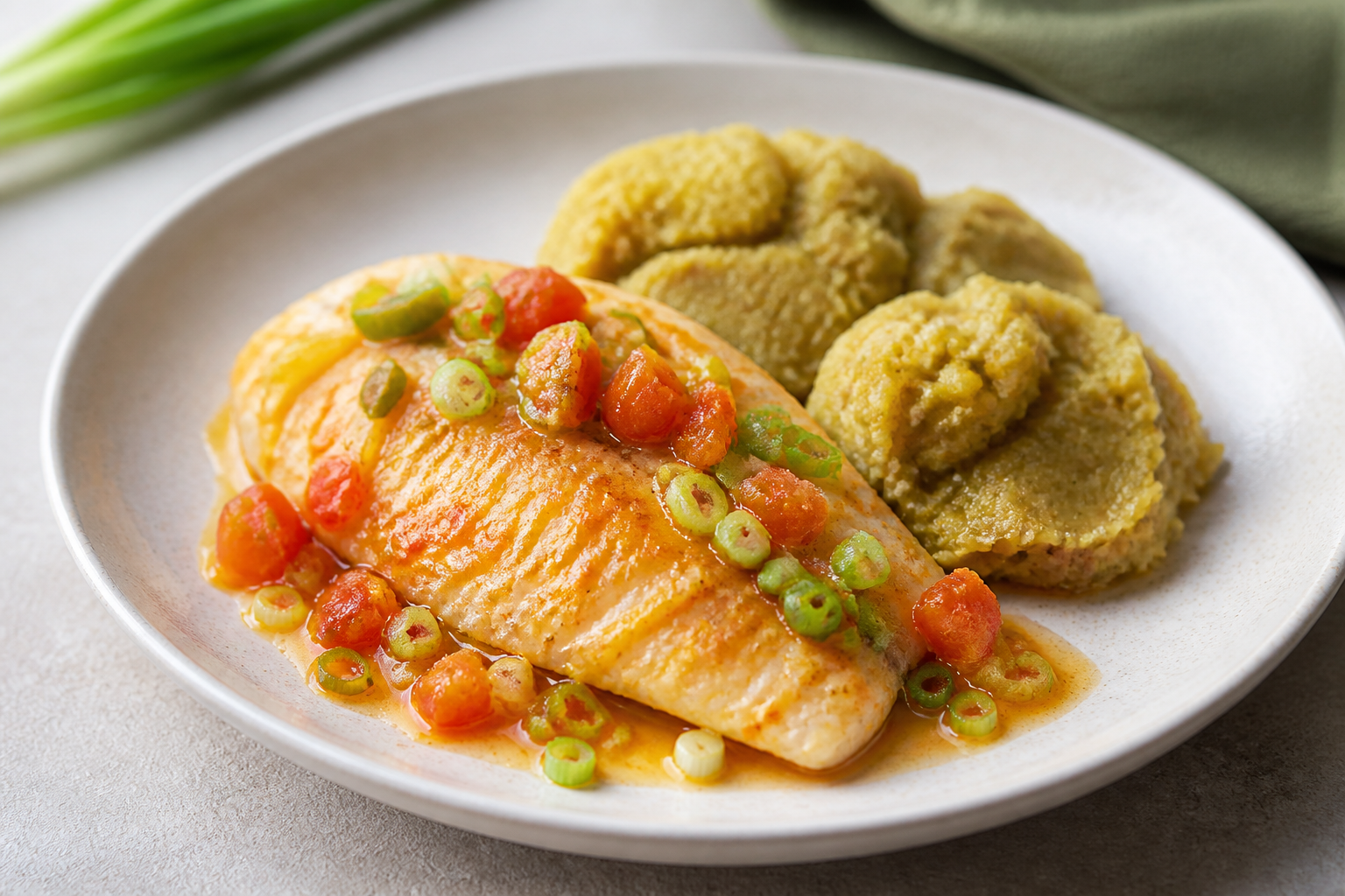 Creole Tilapia in Passion Fruit and Annatto Sauce with Green Plantain Mash