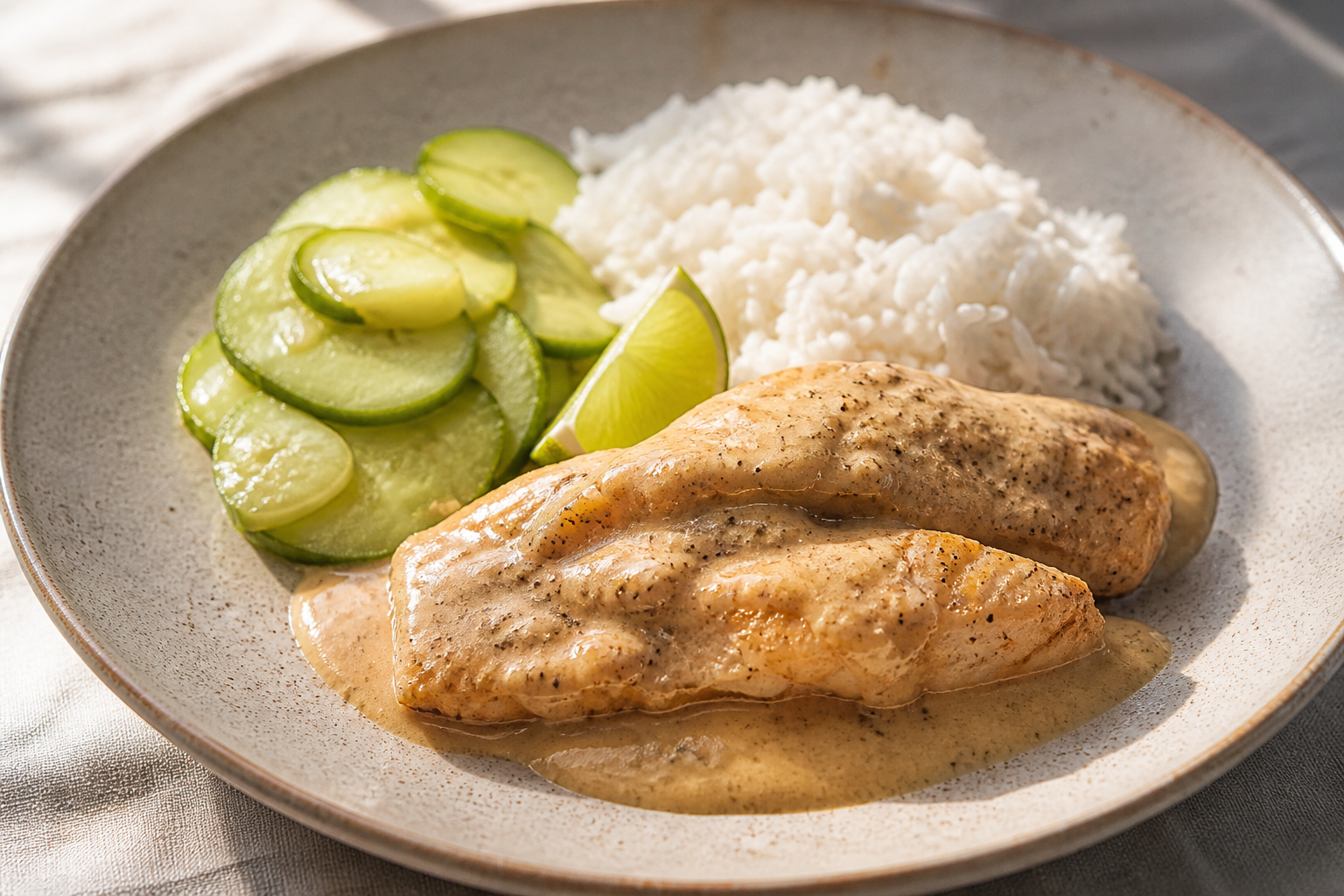 Catfish Fillet in Toasted Sesame Cream with Savory Coconut Rice and Warm Cucumber Salad