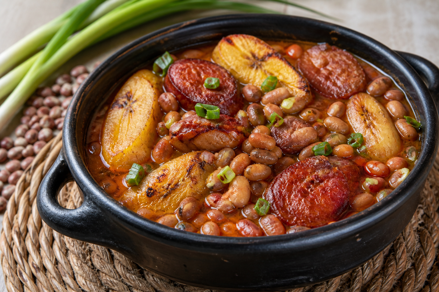 Colombian Cargamanto Bean and Chorizo Cazuela with Roasted Ripe Plantain