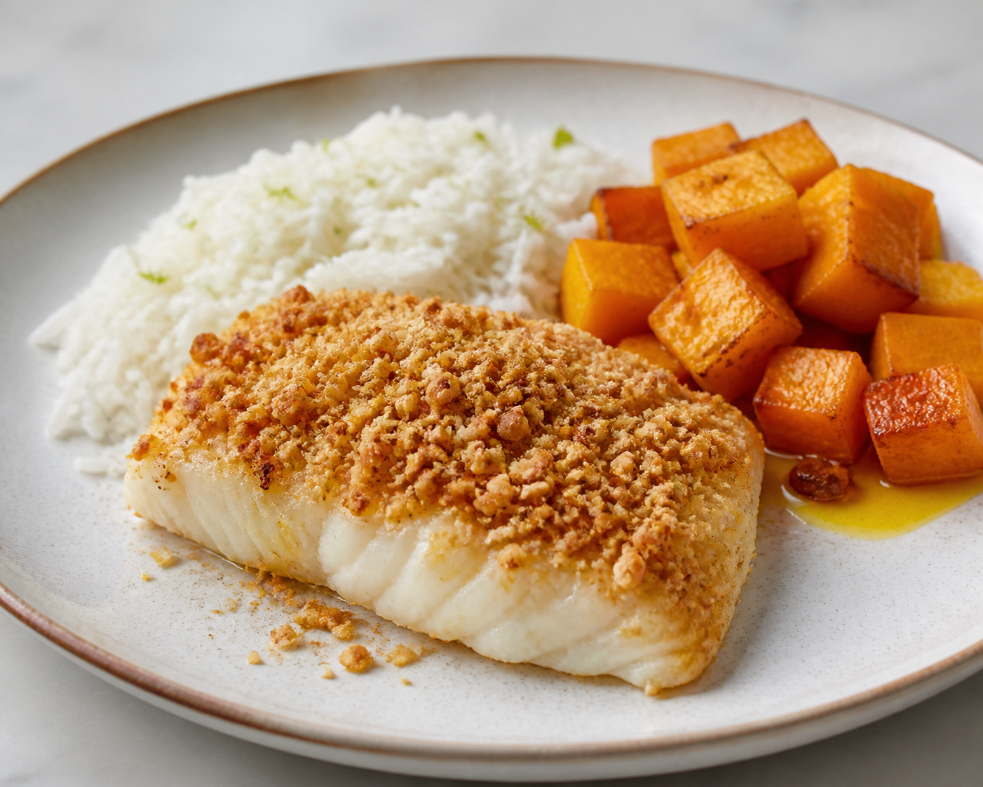 Brazilian Baked Cod with Cashew Crust, Coconut Lime Rice and Dendê Roasted Squash