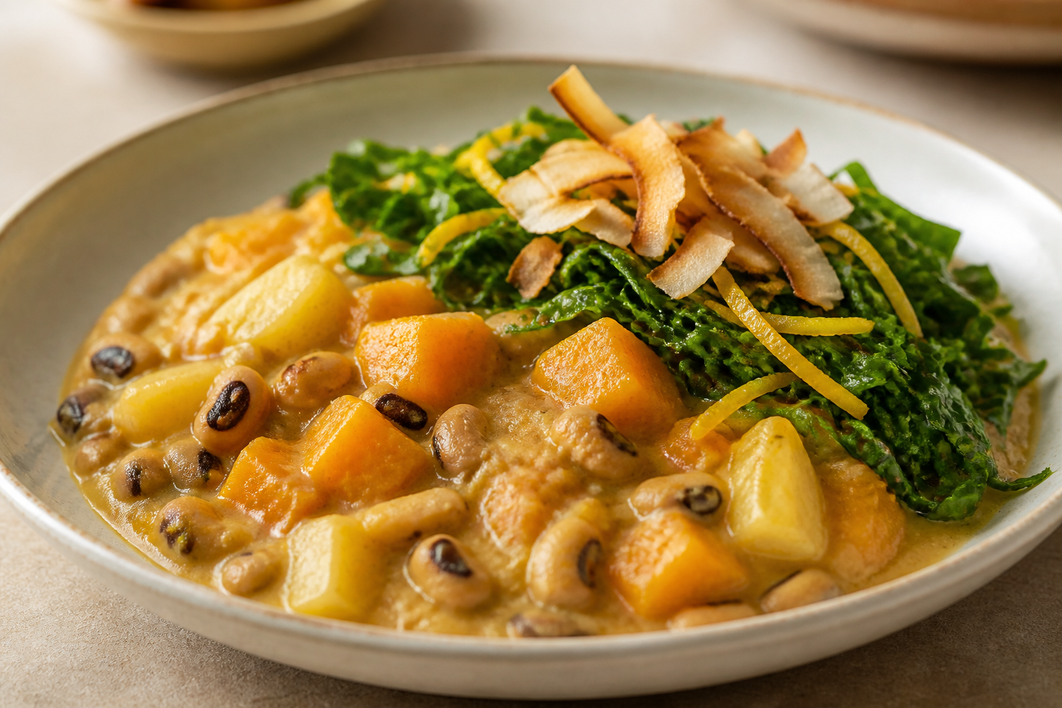 Bobó de Frijol Fradinho y Calabaza con Berza Cítrica y Crujiente de Coco