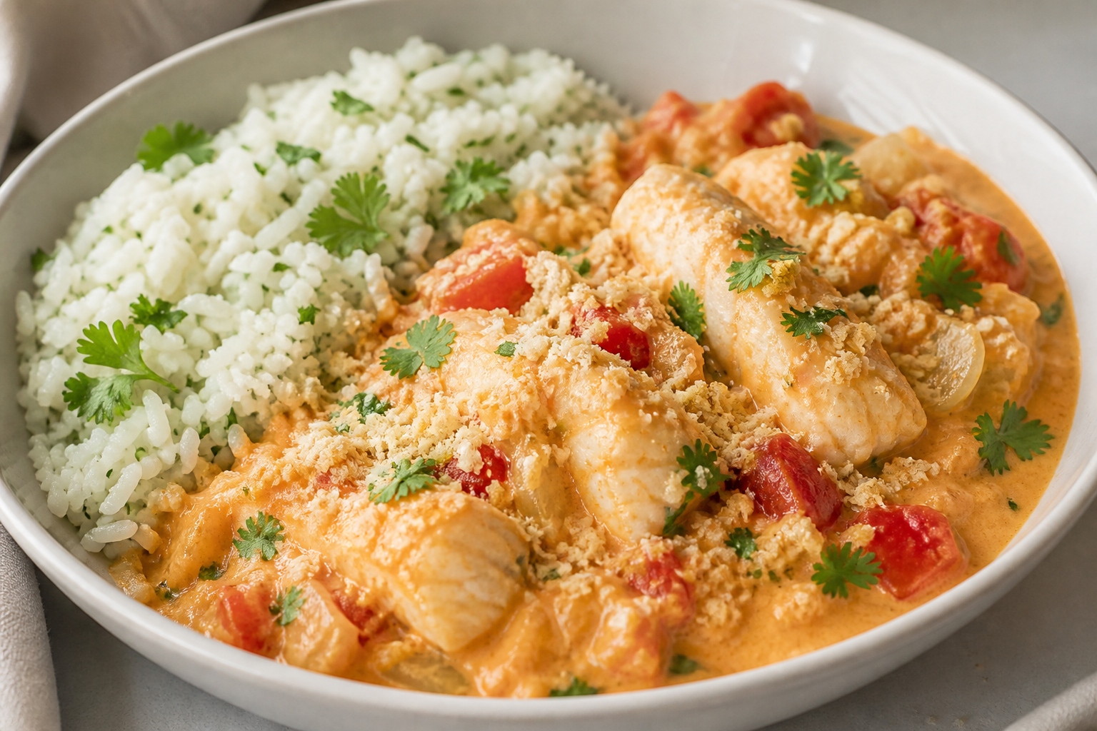 Cazuela Bahiana de Pescado Blanco con Leche de Coco, Arroz de Cilantro y Migas Crujientes de Tapioca