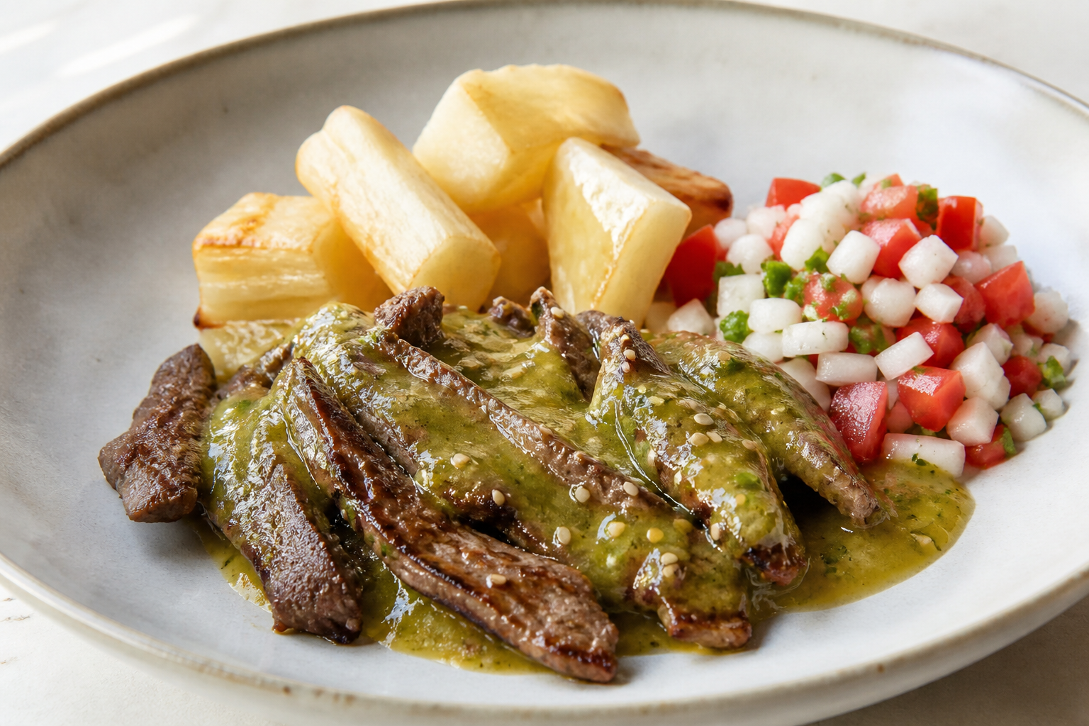 Honduran Beef in Green Mango and Sesame Sauce with Roasted Cassava and Radish Chimol