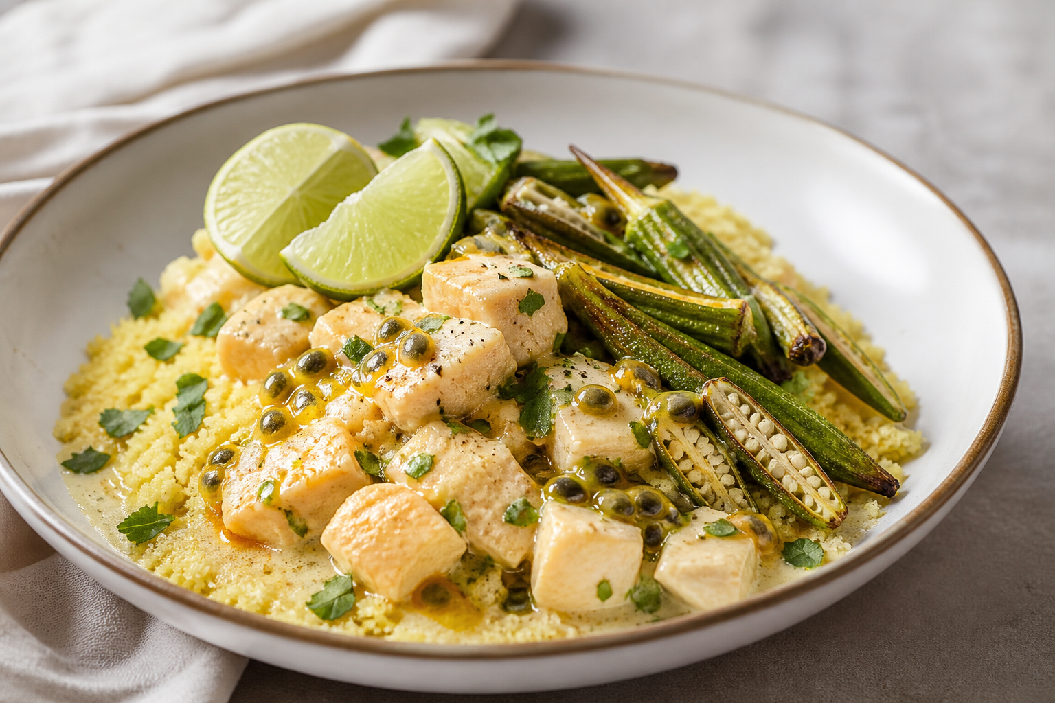 Cuscuz Paulista Dorado con Pollo al Coco, Okra Asada y Vinagreta de Maracuyá