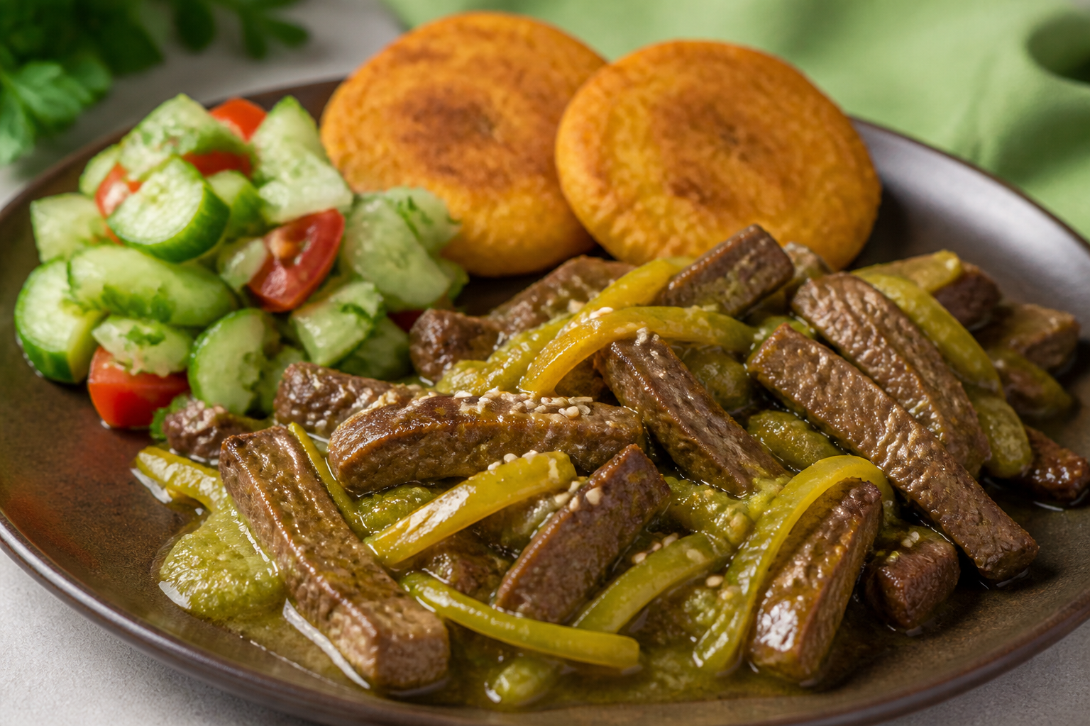 Honduran Beef in Green Mango Sesame Sauce with Sweet Plantain Cakes and Cucumber Chimol