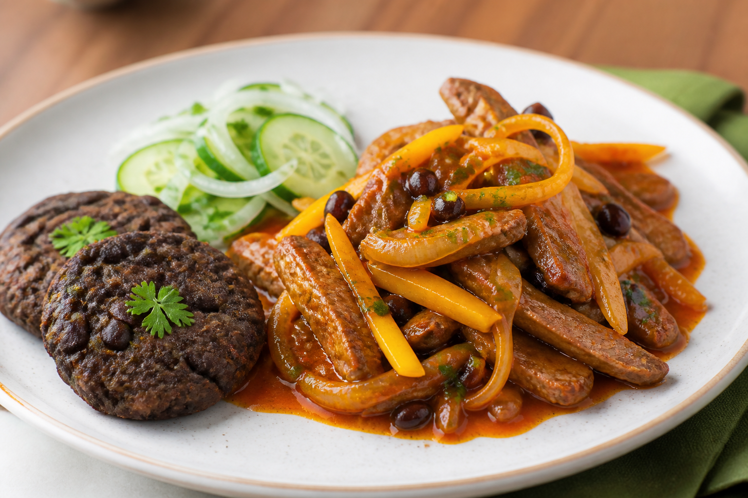 Honduran Beef in Green Mango and Annatto Sauce with Black Bean Cakes and Cucumber Salad
