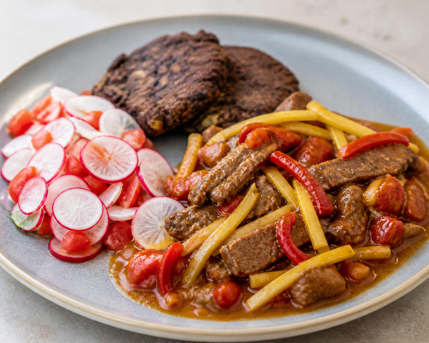 Honduran Beef in Green Mango and Sweet Pepper Sauce with Black Bean Patties and Radish Salad