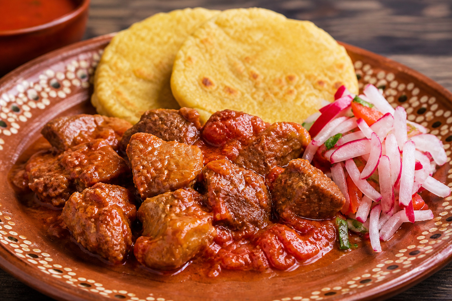 Honduran Beef in Tree Tomato and Sweet Pepper Sauce with Corn Ticucos and Radish Slaw