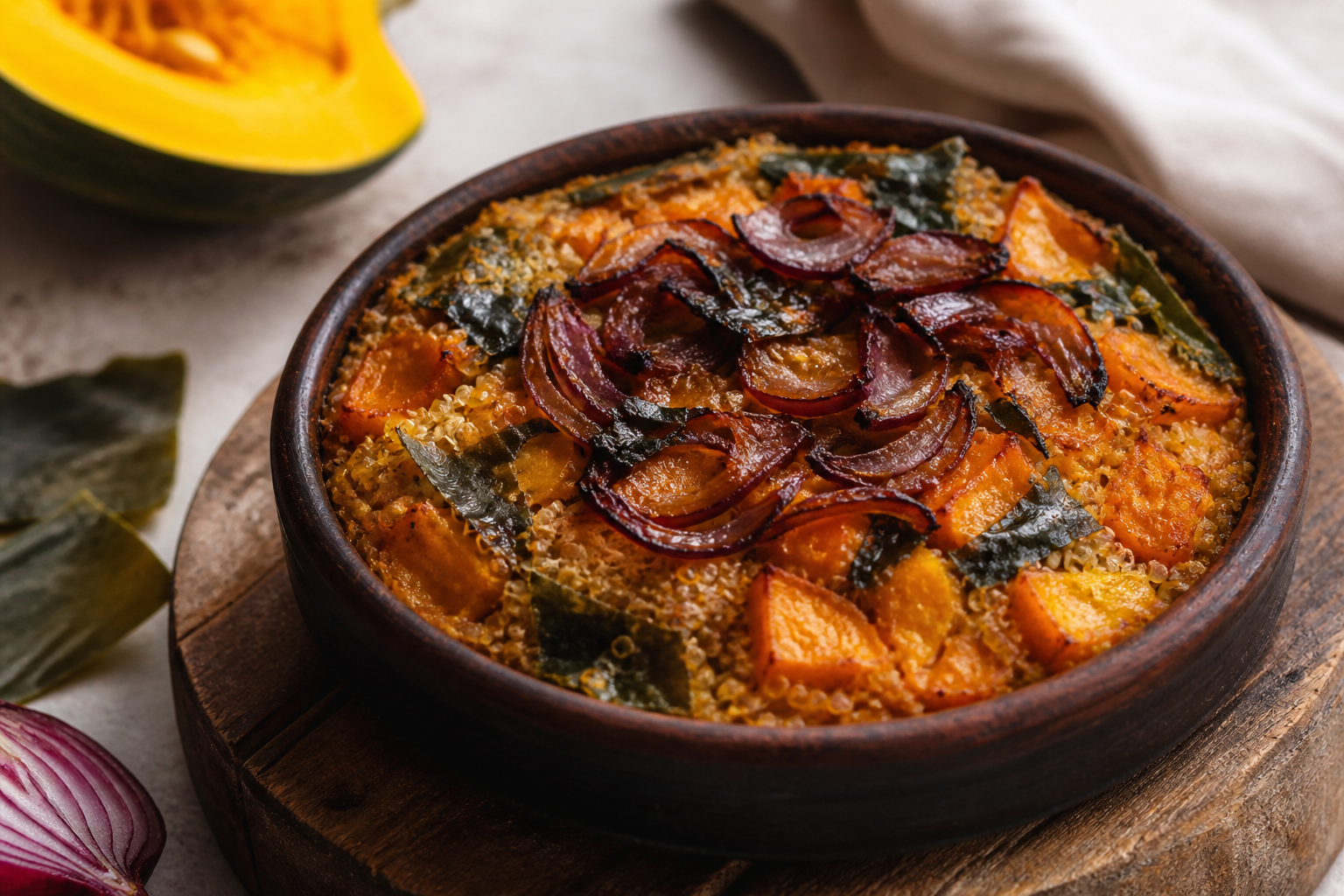 Quinoa, Kelp and Pumpkin Gratin Cazuela with Wine-Braised Onion