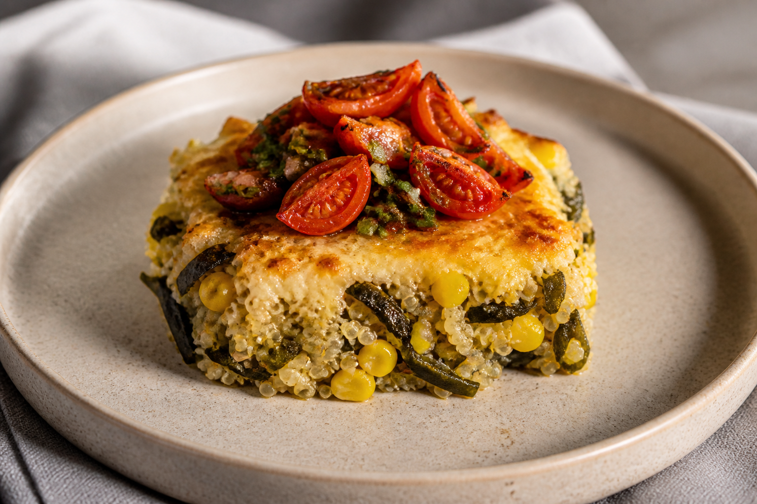 Gratinated Chilean Quinoa, Corn and Kelp Casserole with Chanco Cheese and Roasted Tomato Pebre