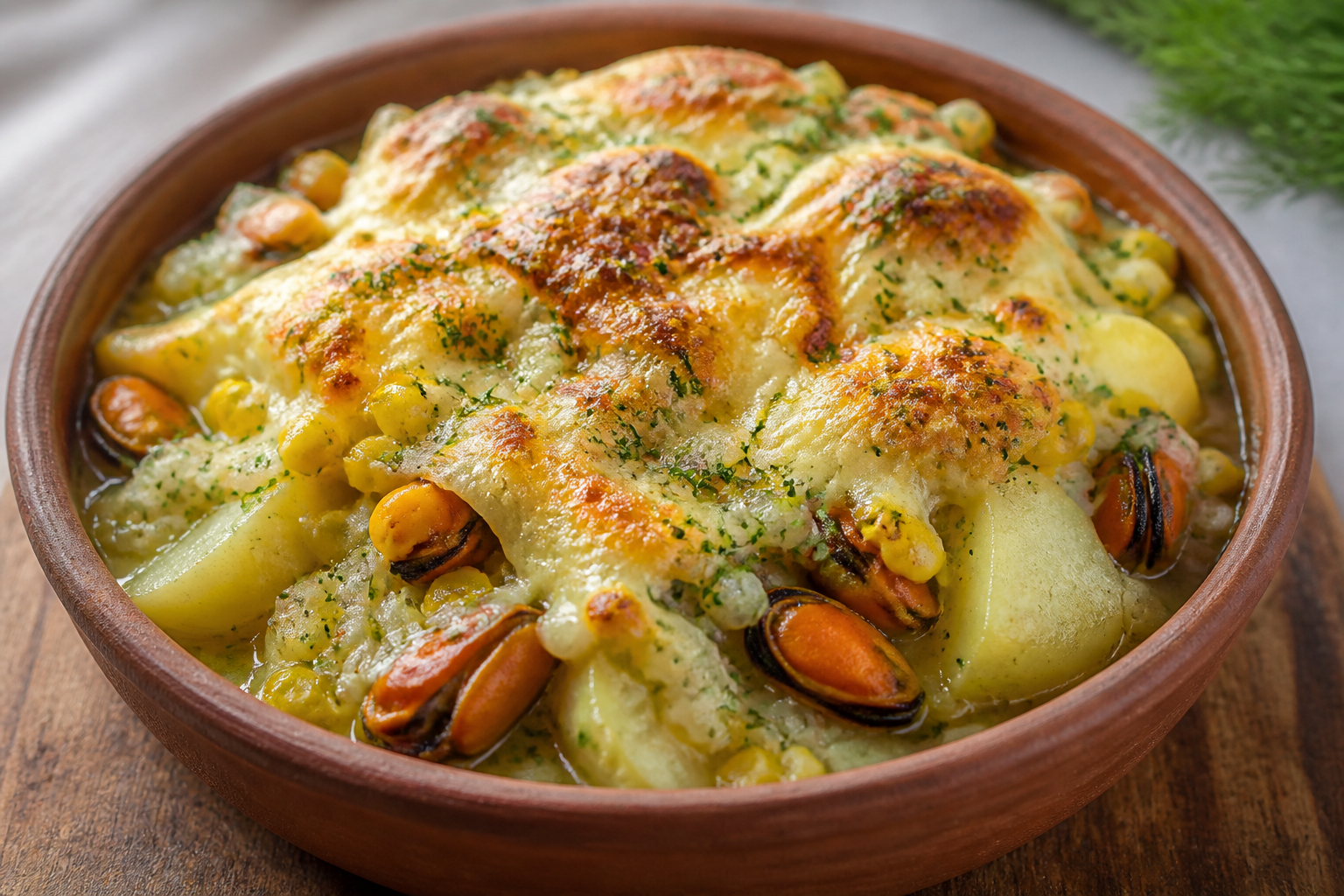 Cazuela Gratina de Papas, Choritos y Choclo con Pebre de Eneldo