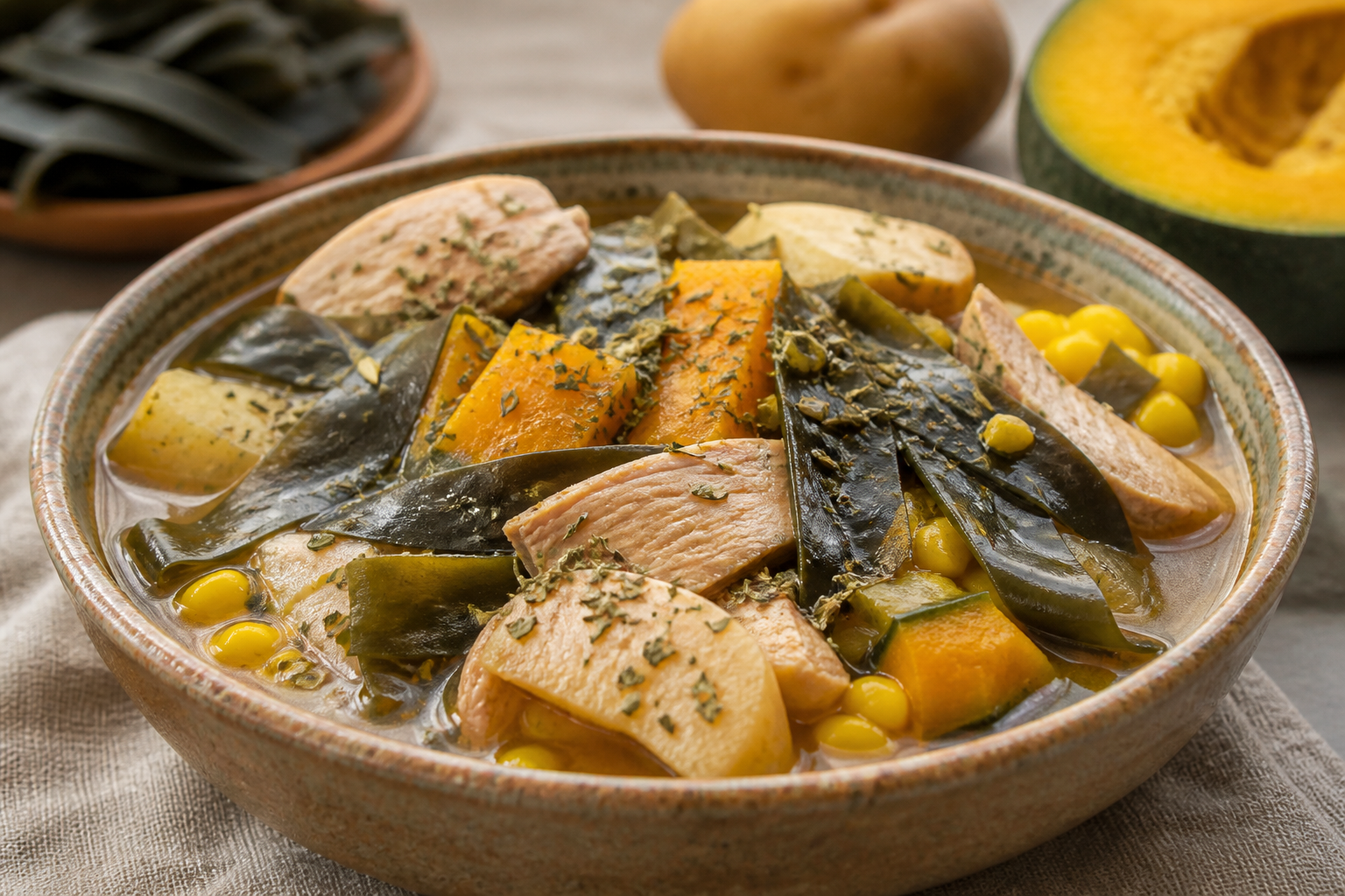 Thick Chilean Cochayuyo, Turkey and Corn Stew with Oregano-Golden Potatoes