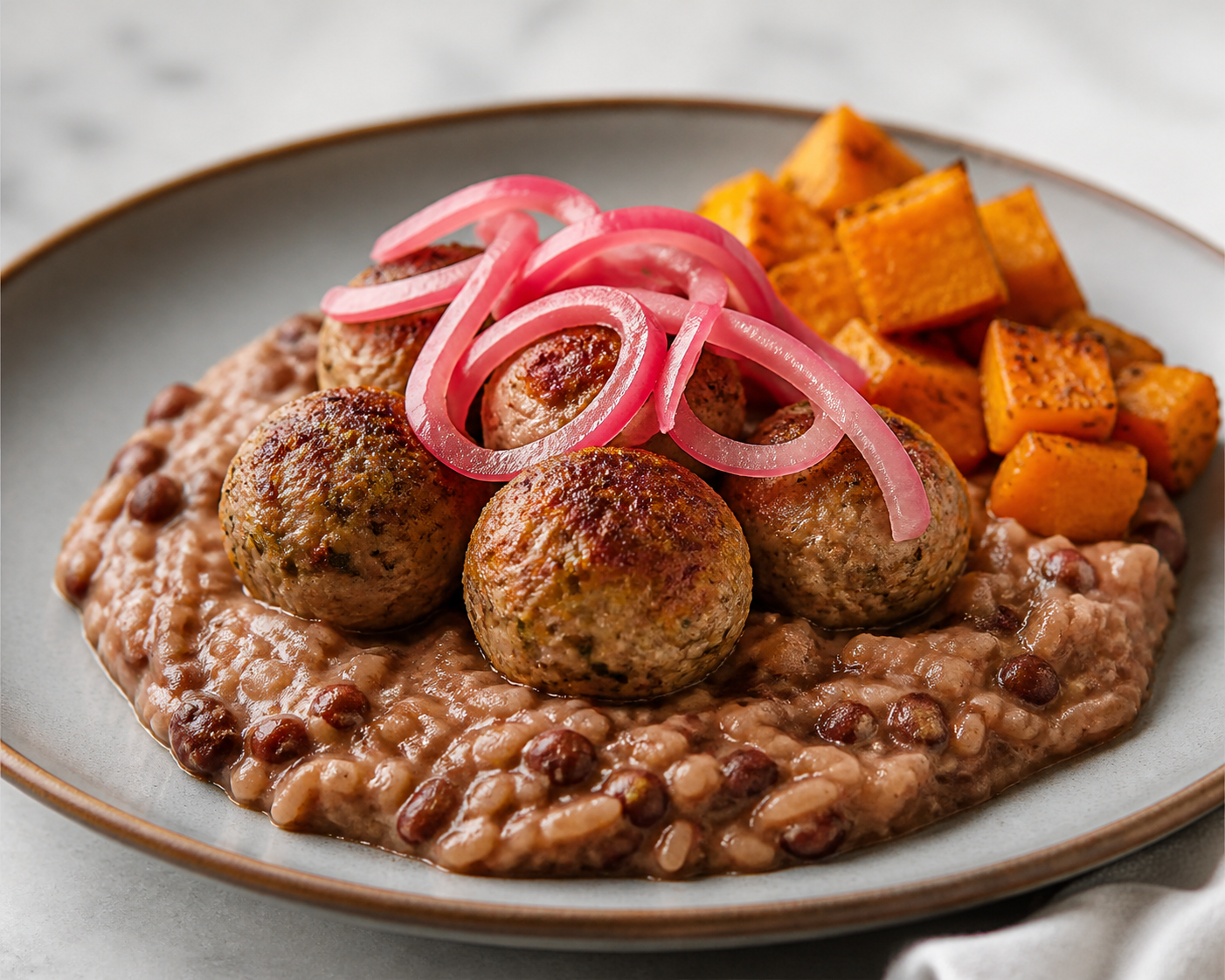 Moro Dominicano Cremoso de Habichuelas Rojas con Albóndigas de Pavo, Auyama Asada y Cebolla Encurtida