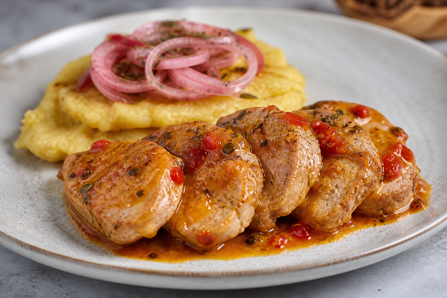 Lomo de Cerdo Dominicano en Salsa de Chinola y Ajíes Dulces con Mangú Dorado y Cebolla al Orégano