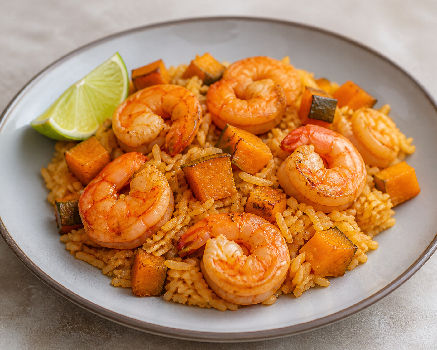 Locrio Dominicano de Camarones con Auyama Asada y Limón Criollo