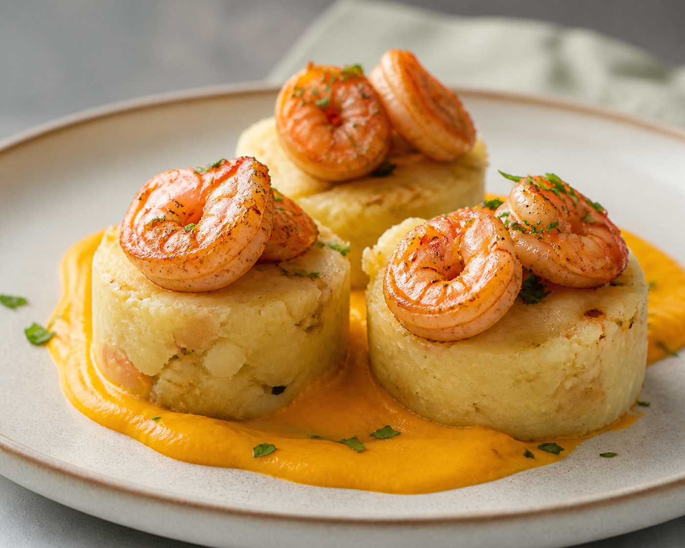 Dominican Yuca Mofonguitos with Creole Garlic Shrimp and Pumpkin Cream