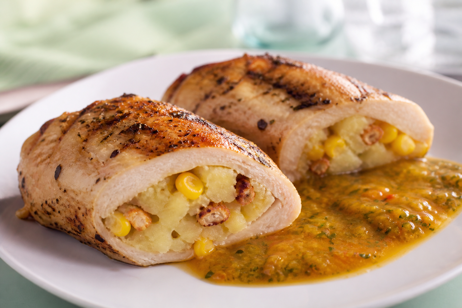 Pechuga de Pollo Dominicana Rellena de Yuca Majada, Maíz y Queso de Freír con Salsa de Ajíes Dulces al Cilantro