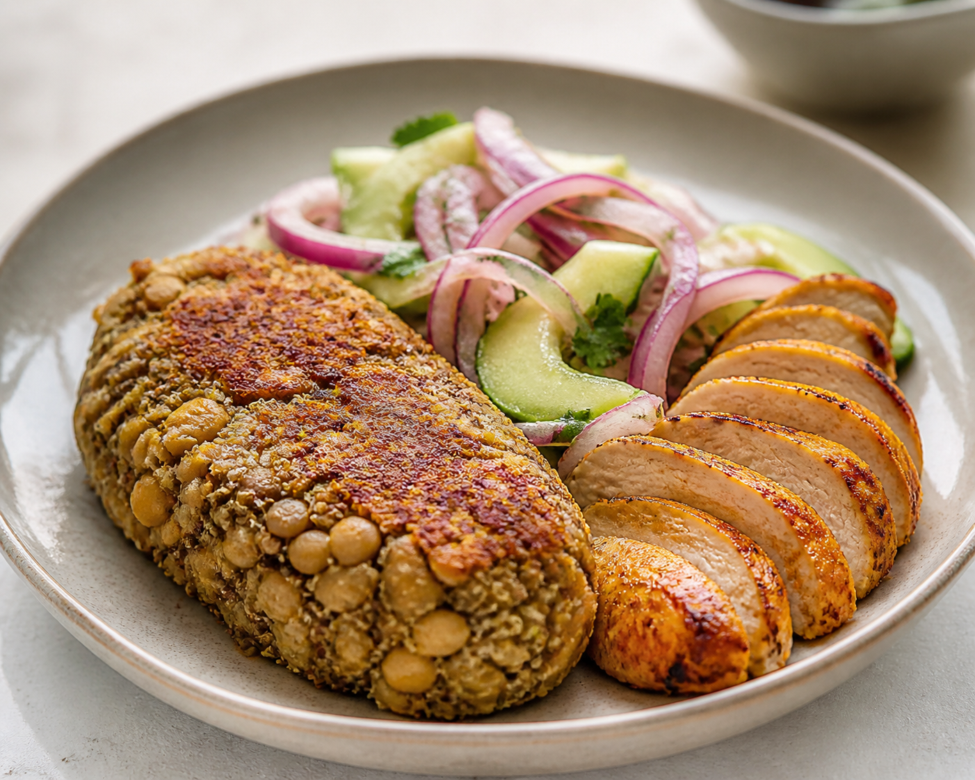 Tacu Tibio de Pallares y Quinua con Pollo al Ají Mirasol y Ensalada Criolla de Pepino