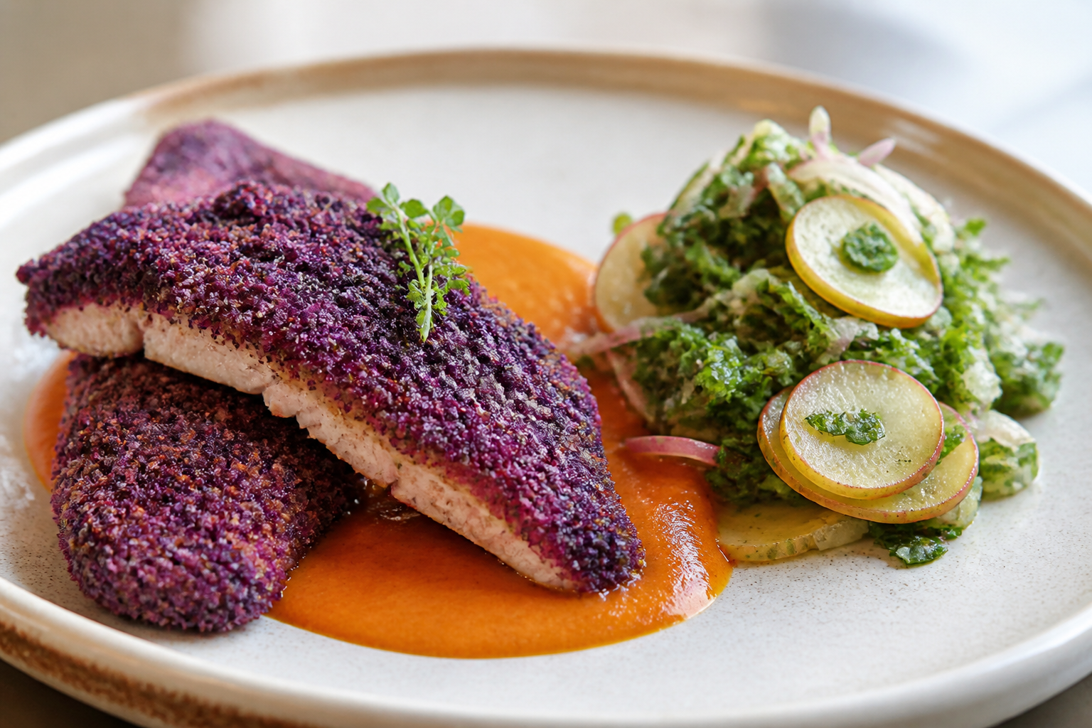 Milanesa de Trucha en Costra de Maíz Morado con Salsa Tibia de Rocoto y Ensalada de Olluco y Hierbas