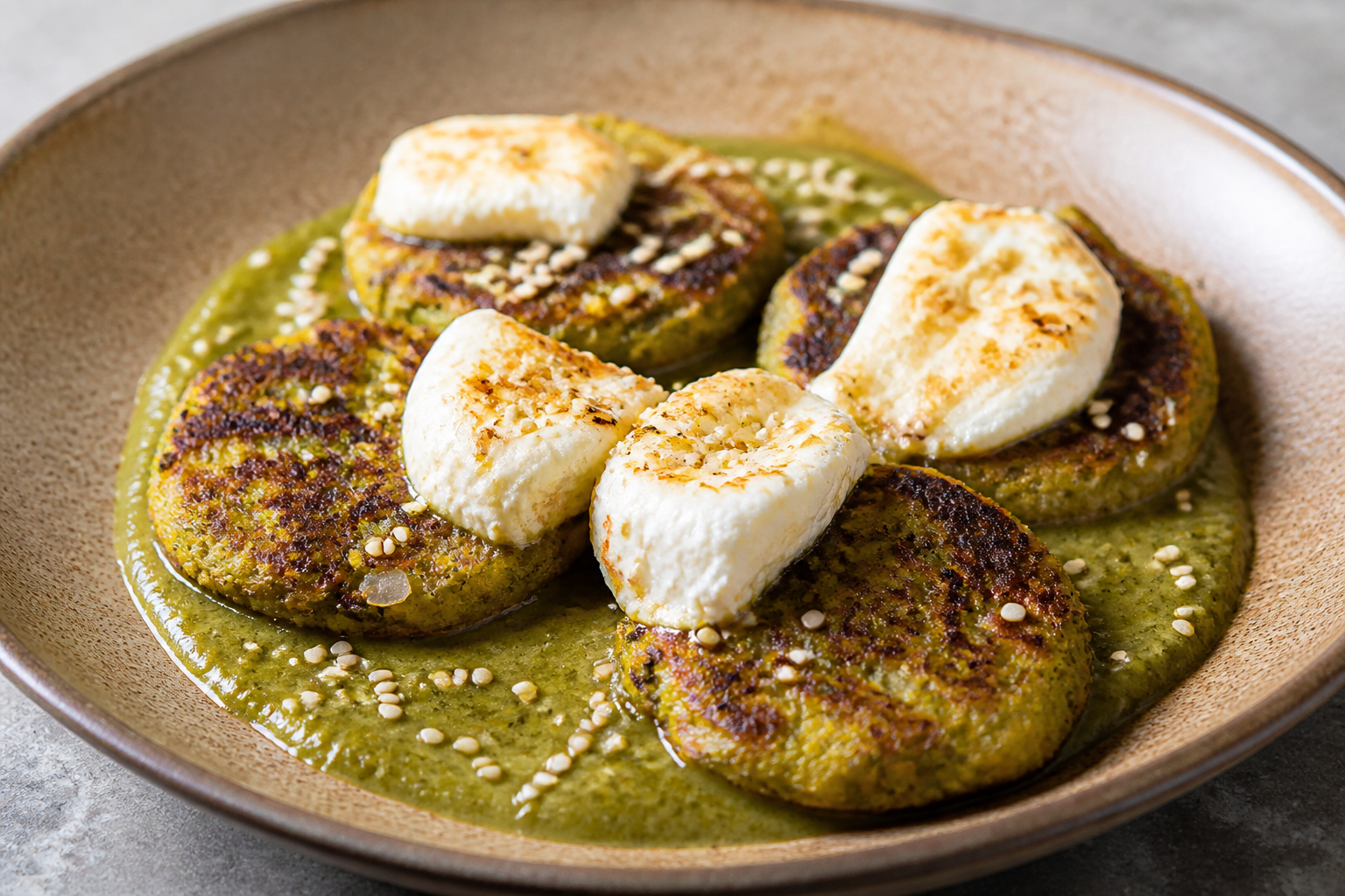 Tortitas salvadoreñas de maíz y mora con cuajada dorada, salsa de miltomate y ajonjolí