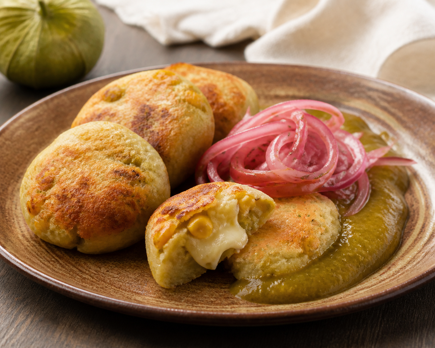 Salvadoran chayote and corn croquettes with cuajada center, roasted tomatillo sauce, and oregano pickled red onion