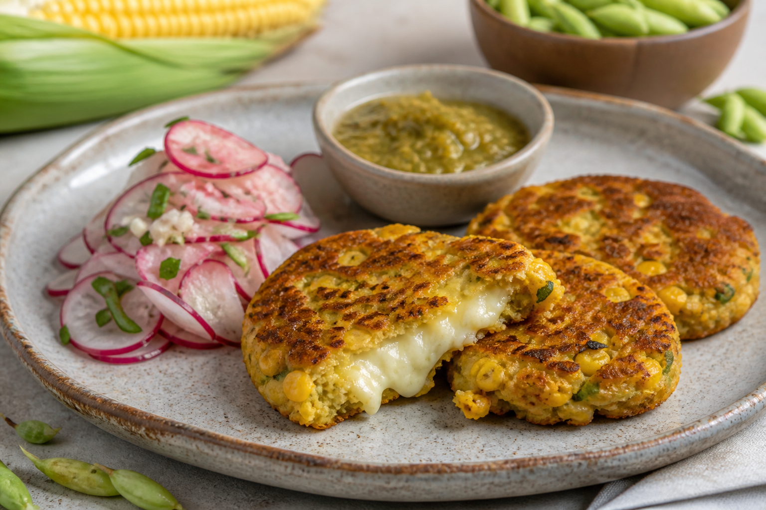 Pastelitos salvadoreños de maíz tierno y loroco con corazón de cuajada, salsa de miltomate asado y ensalada fresca de rábano