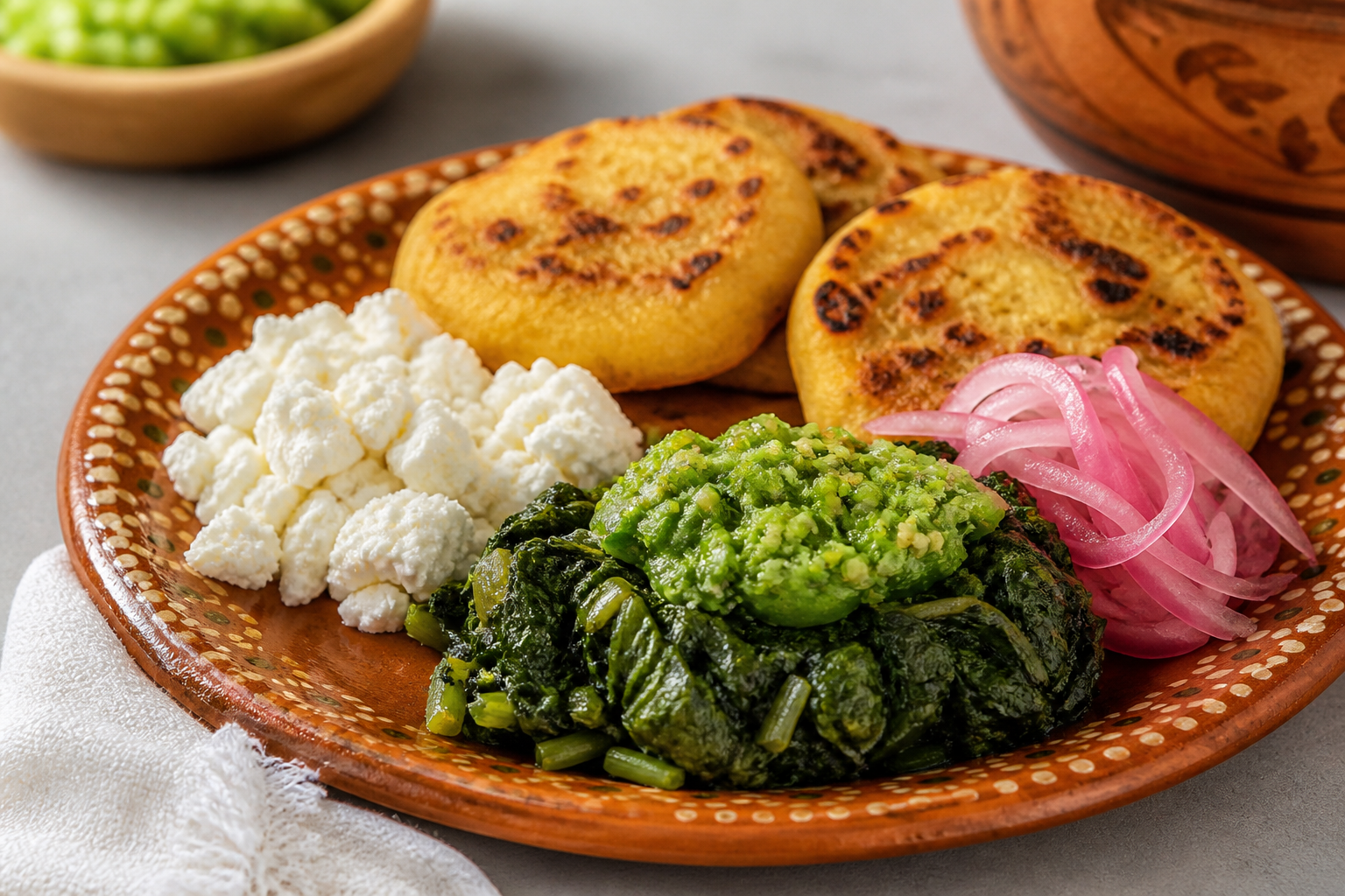 Salvadoran mora greens and potato cakes with fresh curd, green tomato chirmol, and pickled onion