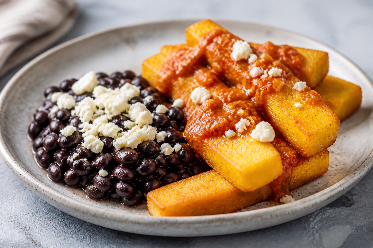 Creole Polenta Sticks with Silky Black Beans, Llanero Cheese, and Roasted Sweet Pepper Mojo