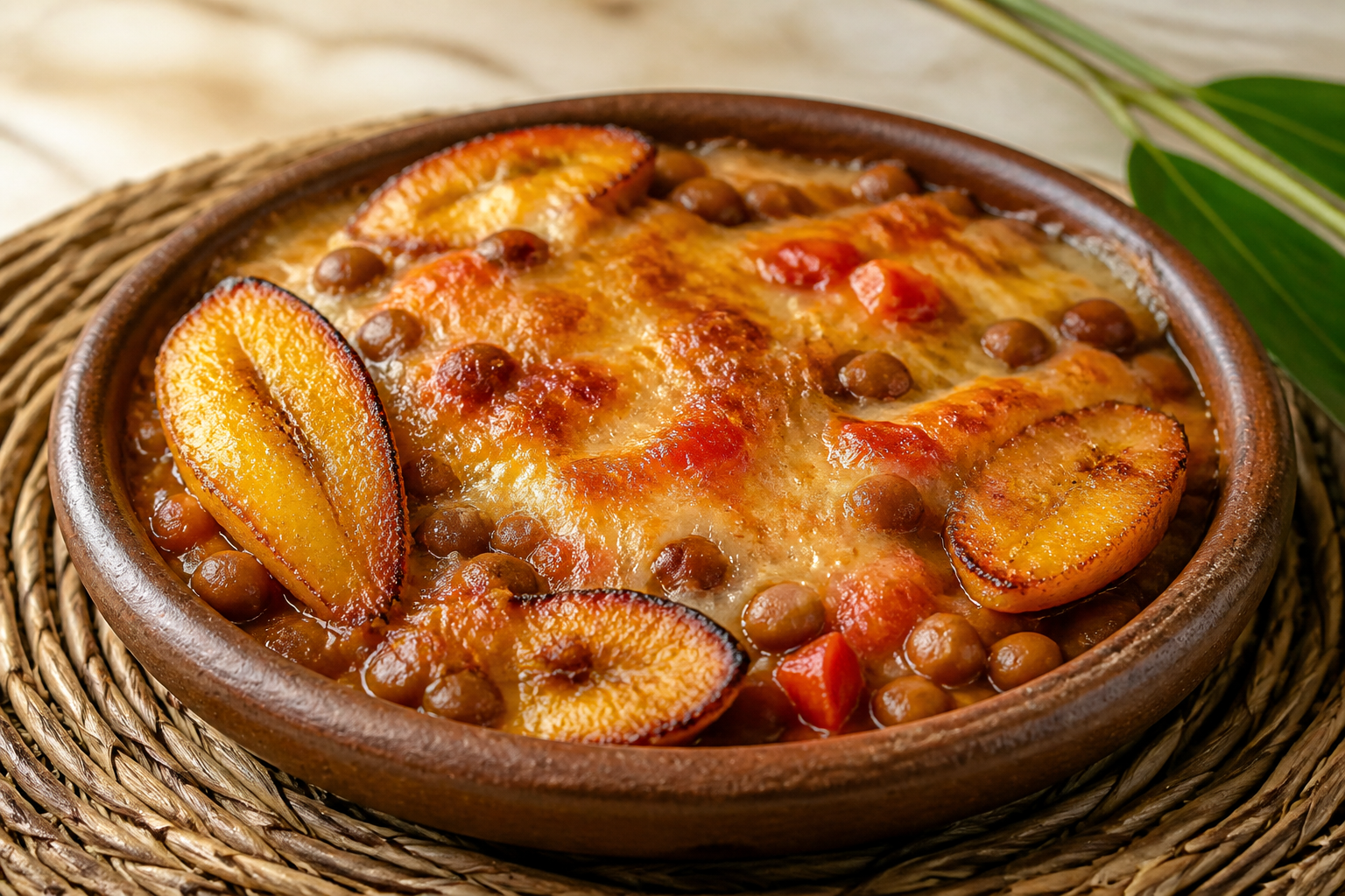Cazuelitas de Quinchoncho y Plátano Asado con Hogao de Ají Dulce y Costra de Queso Llanero